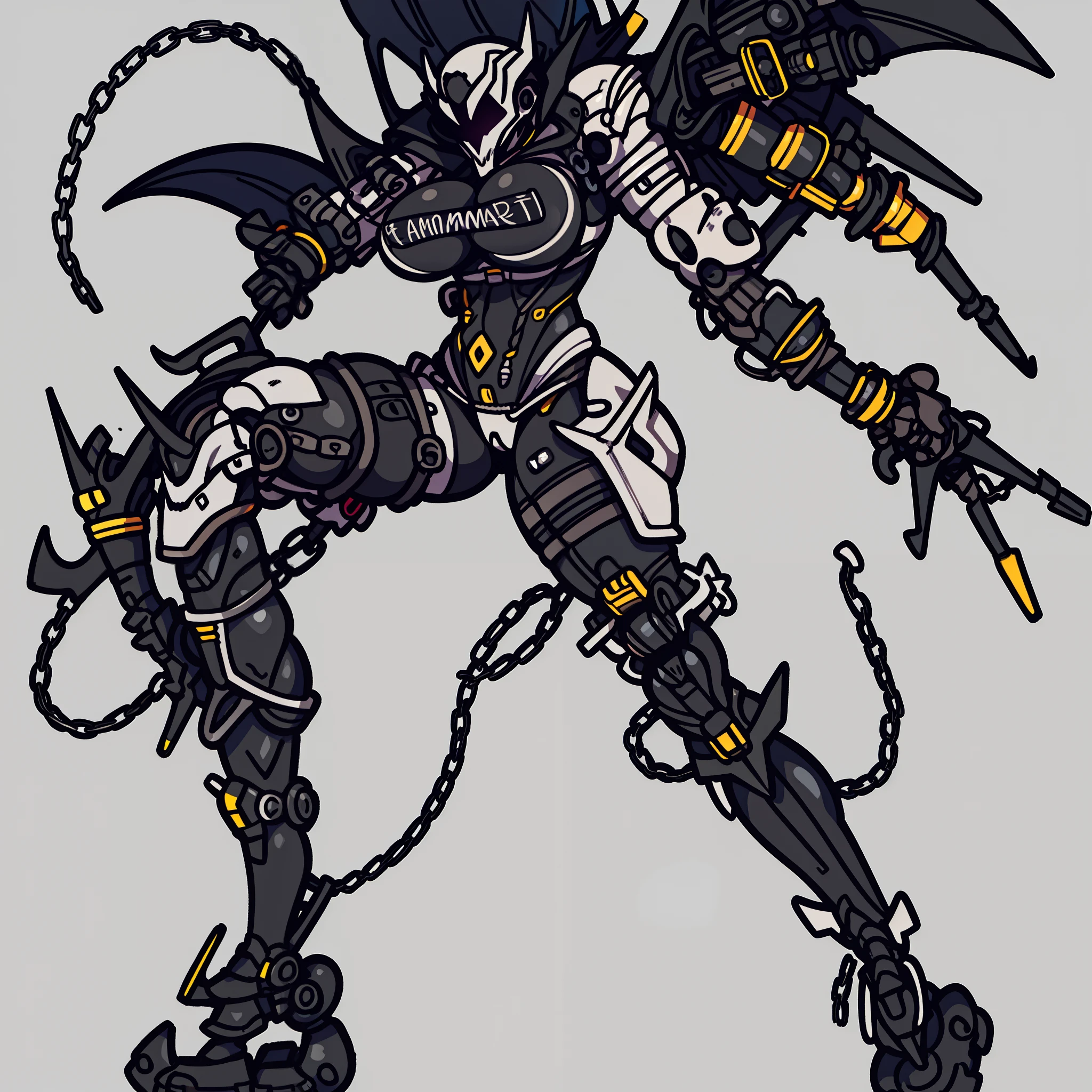simple background, full body of 1girl, solo, mechanical limbs, glowing eyes, gray skin, female spawn by toddmcfarlane(cosplay), very sexy toon, (Punk Rock Necromancer Mecha), Decked out in leather, bikini, spikes, and chains, this mecha has a rebellious edge. Its robotic limbs resemble skeletal appendages, and it wields a skull-shaped staff. big breast, pretty huge boobs, motherly, dangerously great, exotic, amazing,,, masterpiece, best quality