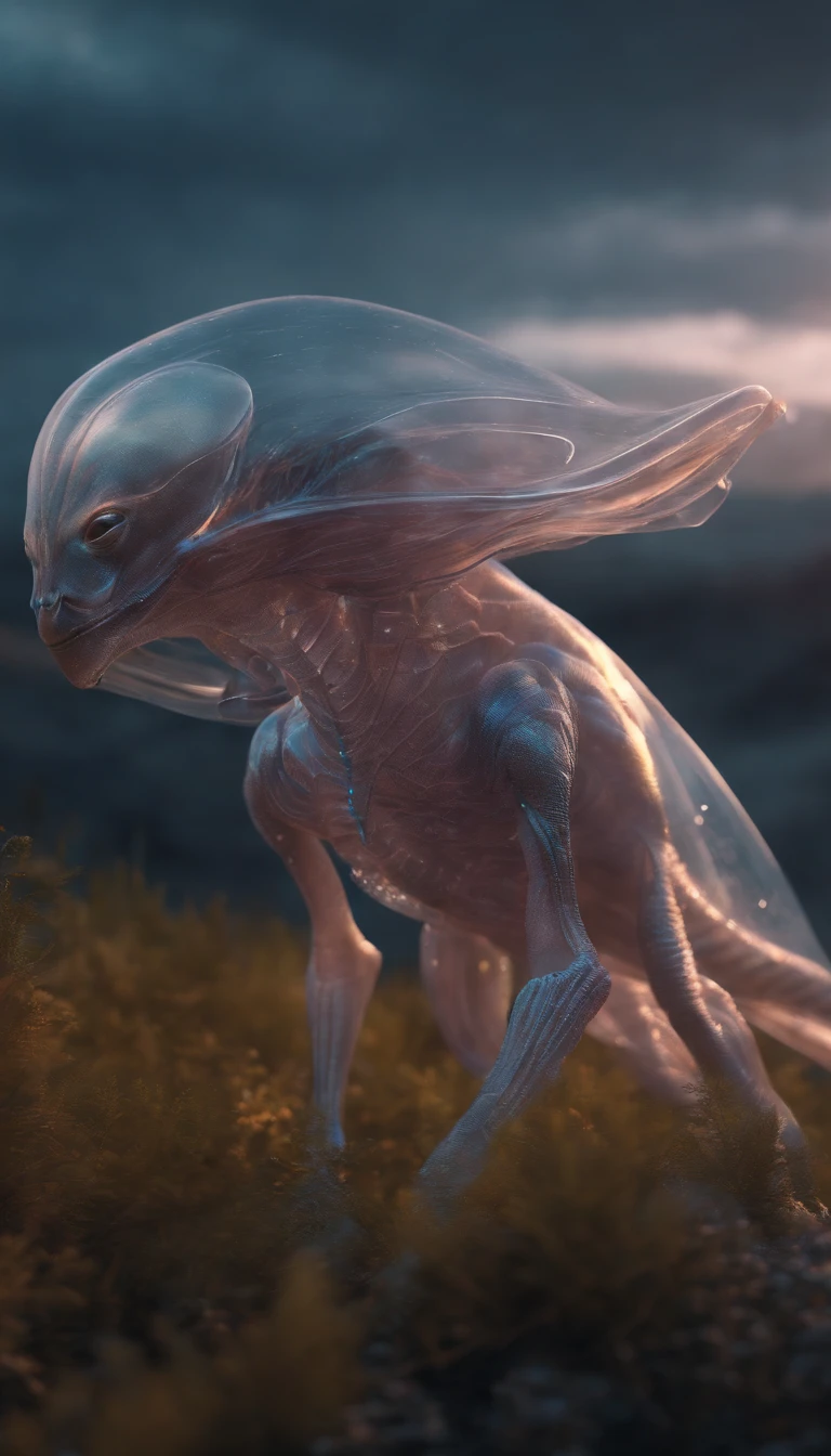 Transparent ethereal alien creatures,中景 the scene is,Full body like, highly detailed surreal vfx,oc rendered,Shot with 70 mm - AR 16:9 --q 2 --s 1000