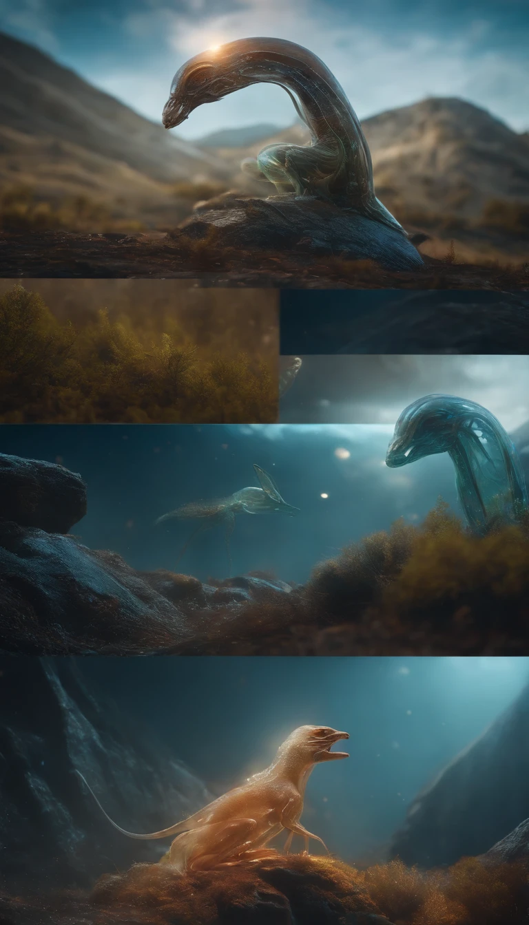 Transparent ethereal alien creatures,中景 the scene is,Full body like, highly detailed surreal vfx,oc rendered,Shot with 70 mm - AR 16:9 --q 2 --s 1000