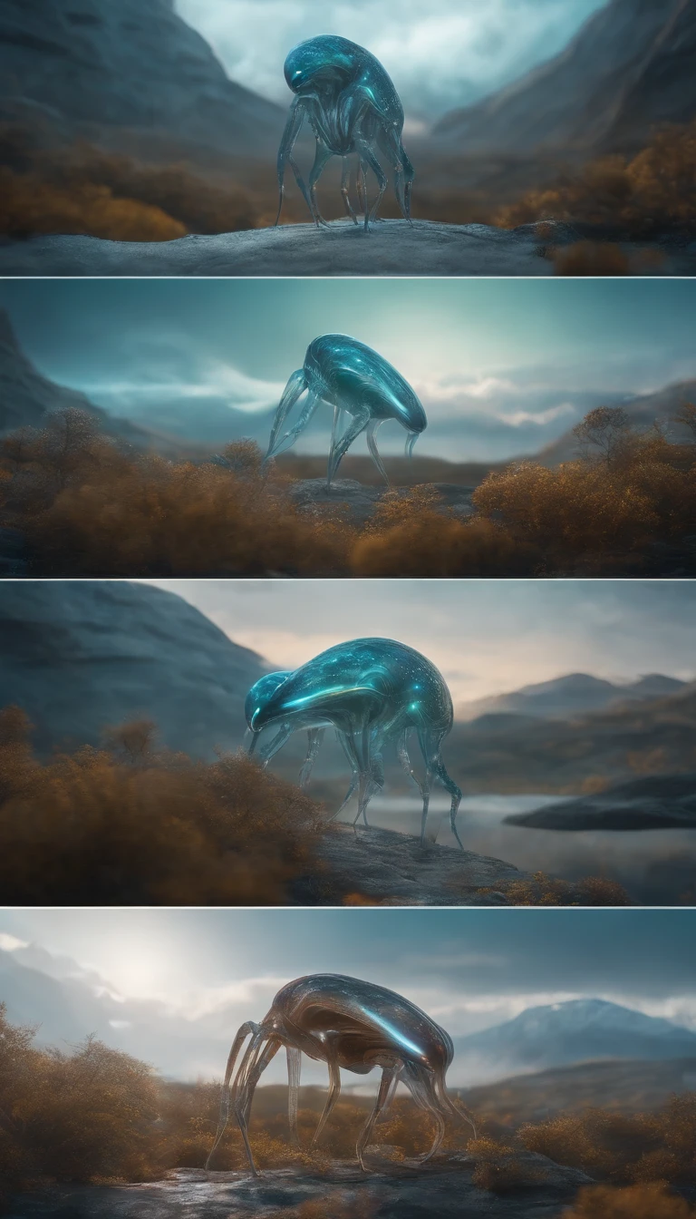 Transparent ethereal alien creatures,中景 the scene is,Full body like, highly detailed surreal vfx,oc rendered,Shot with 70 mm - AR 16:9 --q 2 --s 1000