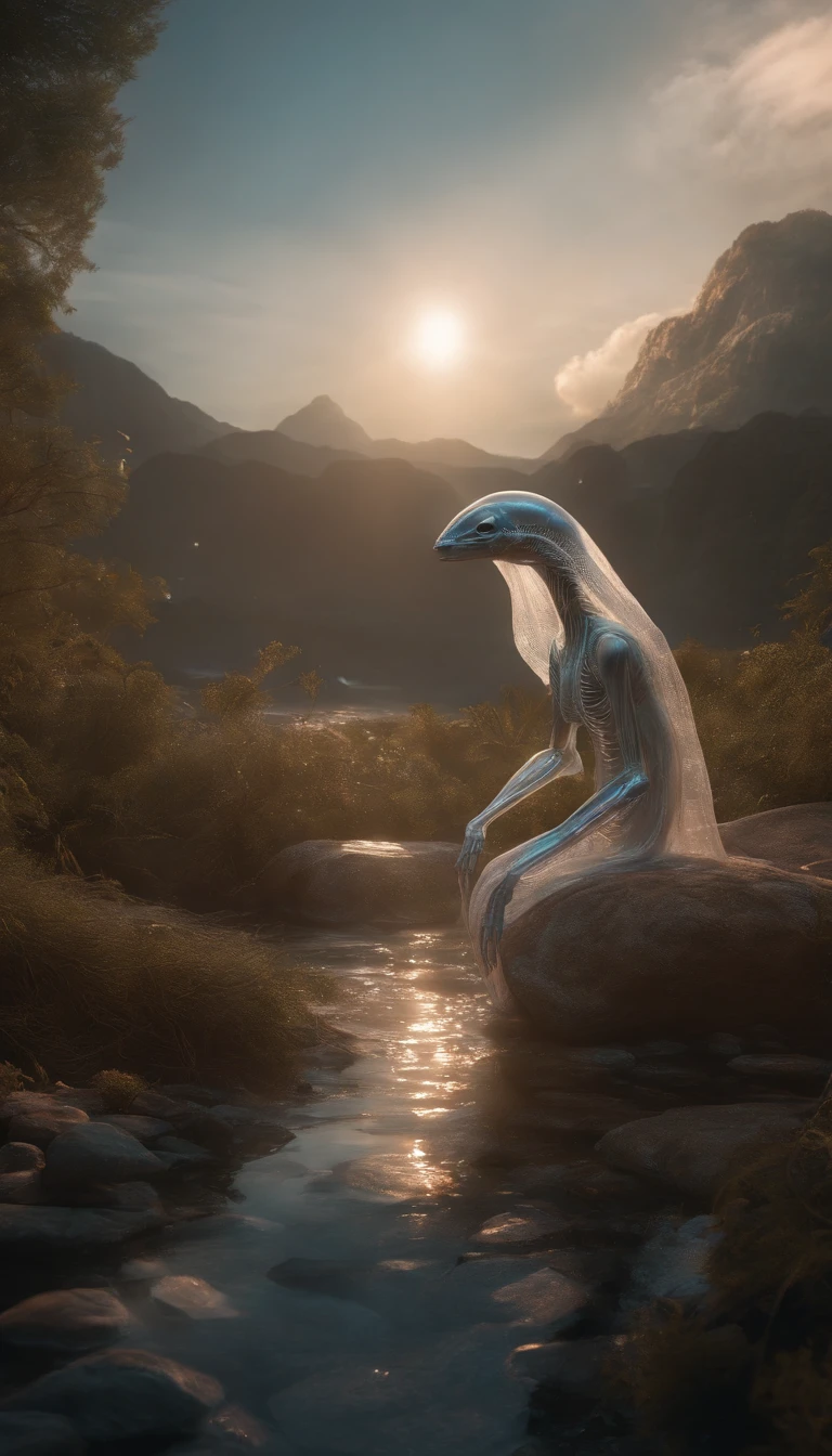 Transparent ethereal alien creatures,中景 the scene is,Full body like, highly detailed surreal vfx,oc rendered,Shot with 70 mm - AR 16:9 --q 2 --s 1000