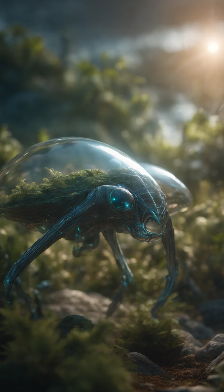 Transparent ethereal alien creatures，中景 the scene is，Full body like， highly detailed surreal vfx，oc rendered，Shot with 70 mm - AR 16:9 --q 2 --s 1000