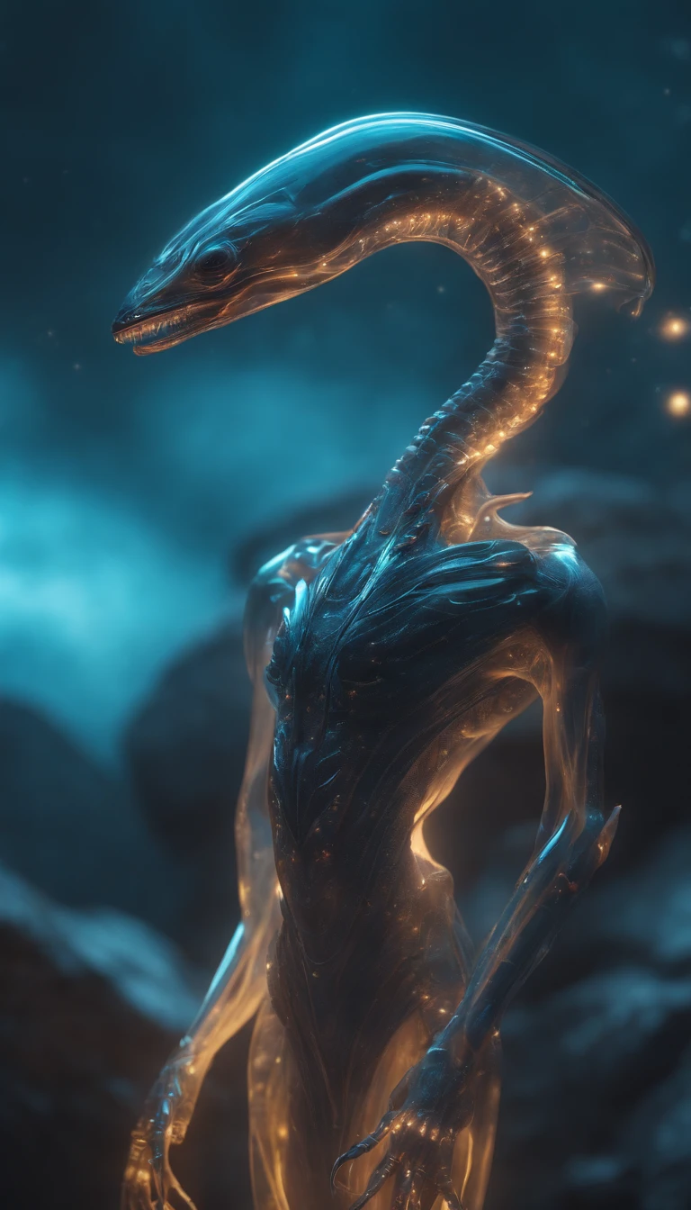 Transparent ethereal alien creatures，中景 the scene is，Full body like， highly detailed surreal vfx，oc rendered，Shot with 70 mm - AR 16:9 --q 2 --s 1000