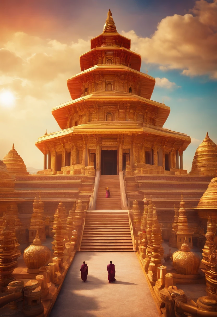 A large temple with several worshippers while a festival takes place on a sunny day