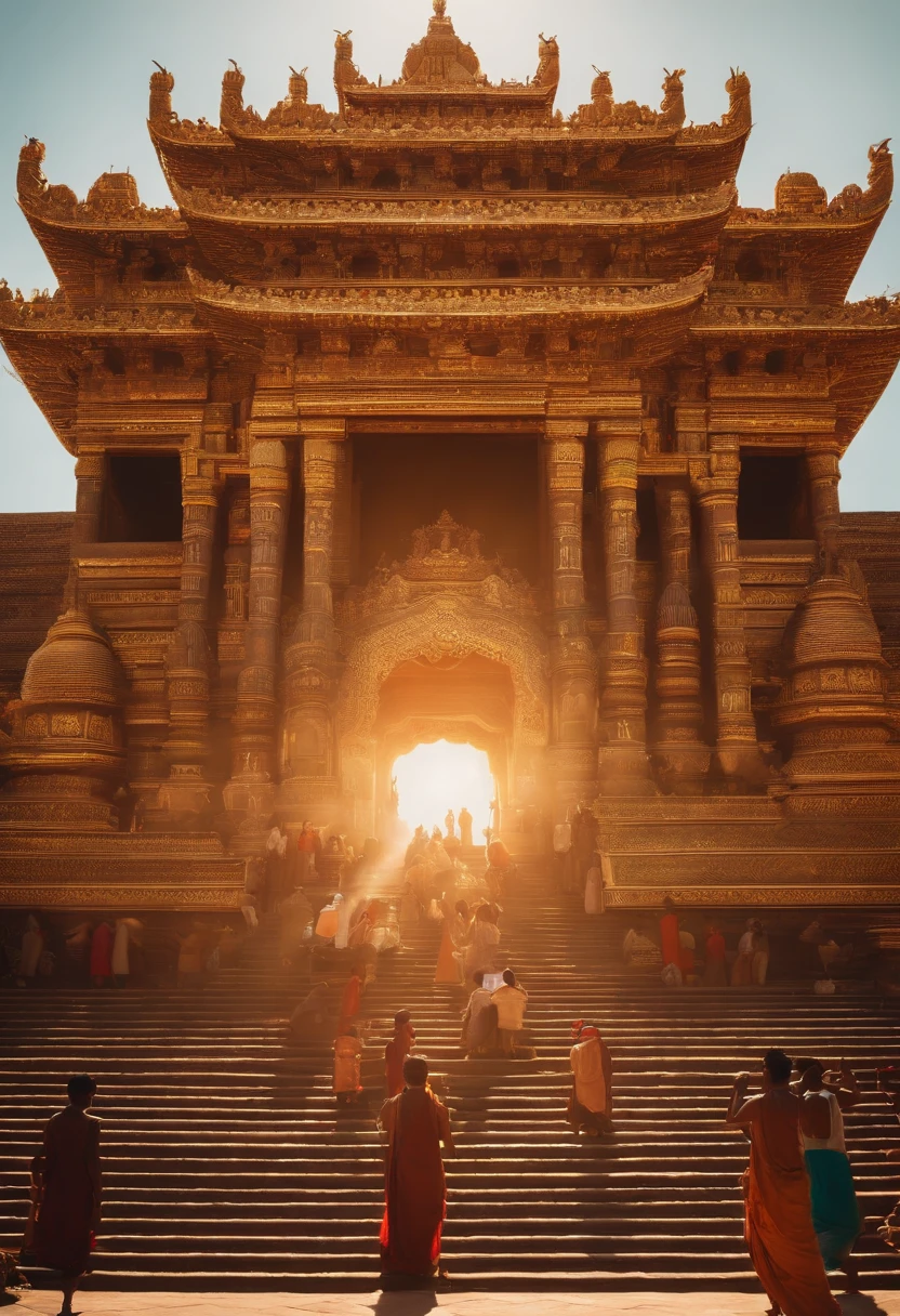 A large temple with several worshippers while a festival takes place on a sunny day