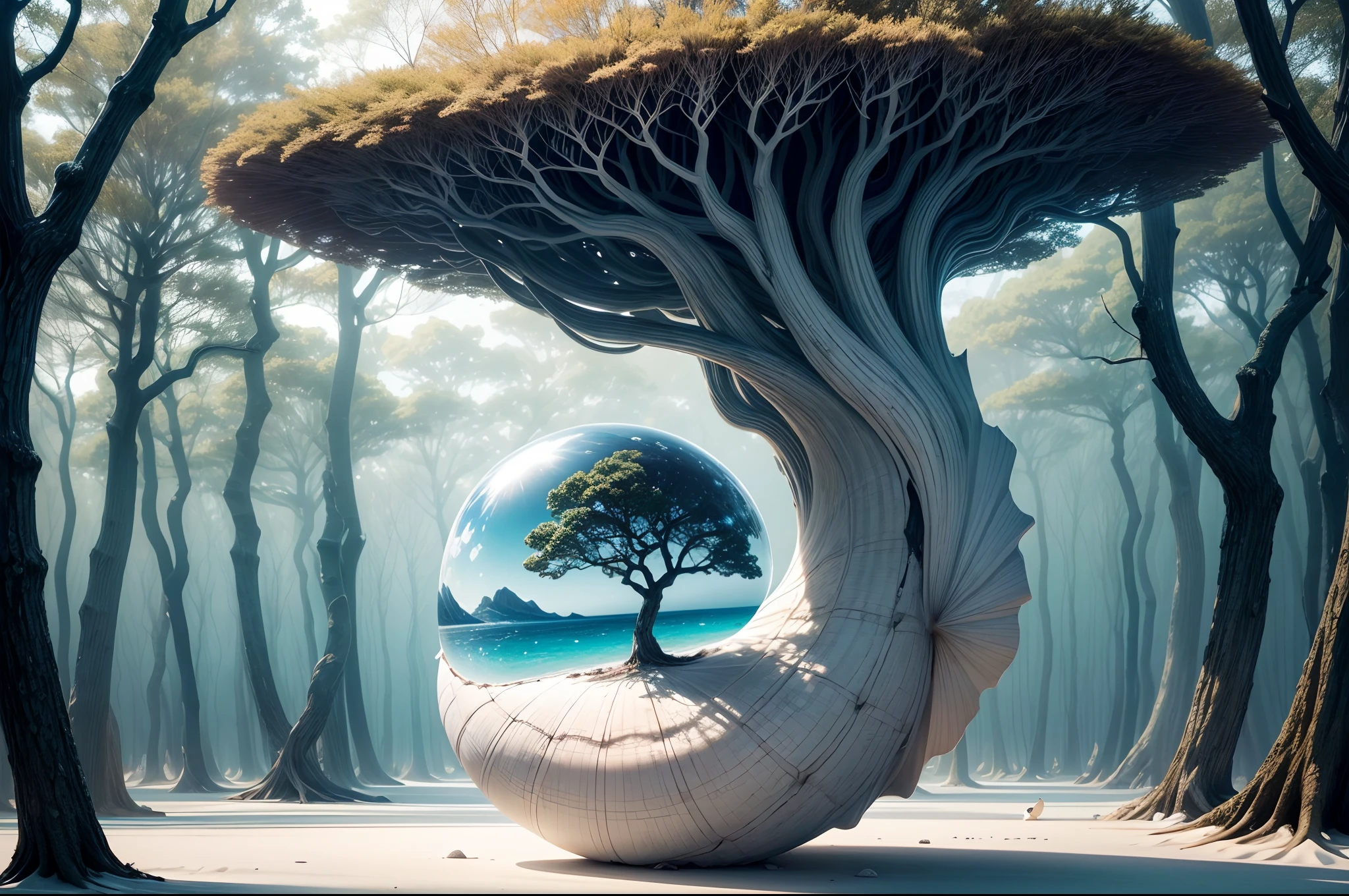 A striking photograph of a seashell placed within the branches of a tree in a surreal landscape. The image plays with the idea of an "alien song tree shell" and invites viewers to ponder the connection between land and sea, earth and the cosmos.