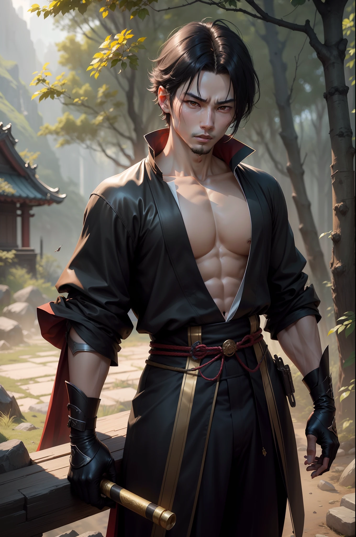 A boy super handsome god prince holding a Japan sword　Boy prince with feminine features　Prince of androgynous gods　Boy Prince with Black Hair Short Bob　Handsome Prince with Black Eyes　Metallic black and red Japan special exterior and costume　glareing　Gritting your teeth and getting angry　Flowing sweat　in woods　life-like８K-High Resolution　realistic background　Clear background　a picture　wojtek fus, by Yang J, inspired by Yanjun Cheng, Inspired by Adrian Zing, wlop and ross tran, yangjun chen, chengwei pan on artstation, cgsociety and fenghua zhong, Gwaitz-inspired artwork Vojtek FUS, by Yang J, inspired by Yanjun Cheng, Inspired by Adrian Zing, wlop and ross tran, yangjun chen, chengwei pan on artstation, cgsociety and fenghua zhong, artwork in the style of guweiz　Unreal Engine Super Resolution　An ultra-high picture quality　８k