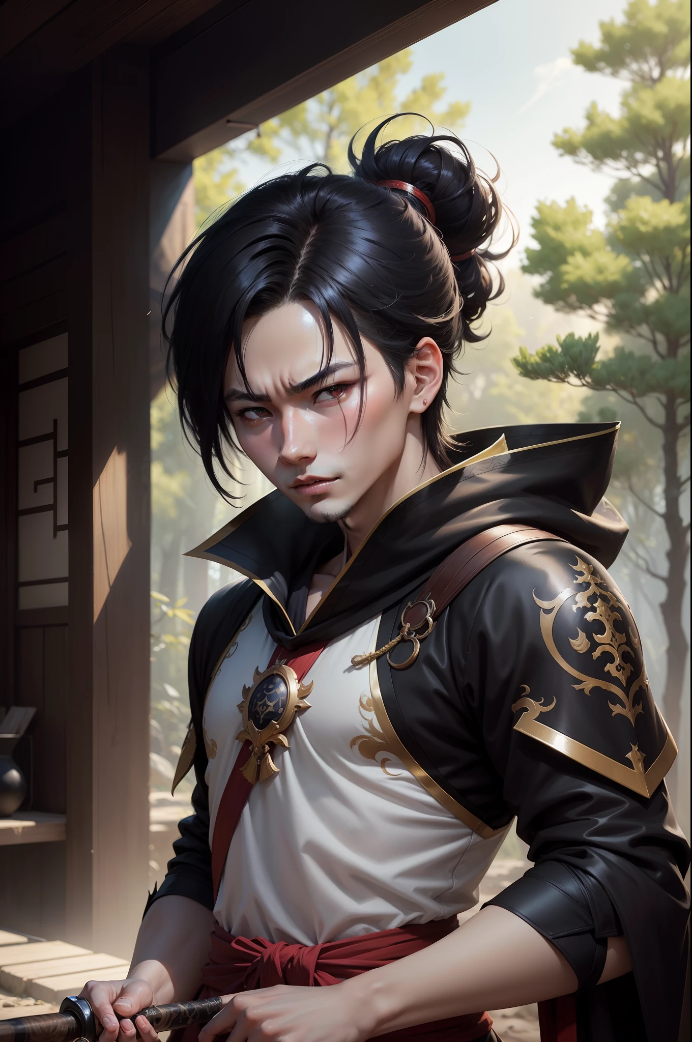 A boy super handsome god prince holding a Japan sword Boy prince with feminine features Prince of androgynous gods Boy Prince with Black Hair Short Bob Handsome Prince with Black Eyes Metallic black and red Japan special exterior and costume glareing Gritting your teeth and getting angry Flowing sweat in woods life-like8K-High Resolution realistic background Clear background a picture wojtek fus, by Yang J, inspired by Yanjun Cheng, Inspired by Adrian Zing, wlop and ross tran, yangjun chen, chengwei pan on artstation, cgsociety and fenghua zhong, Gwaitz-inspired artwork Vojtek FUS, by Yang J, inspired by Yanjun Cheng, Inspired by Adrian Zing, wlop and ross tran, yangjun chen, chengwei pan on artstation, cgsociety and fenghua zhong, artwork in the style of guweiz Unreal Engine Super Resolution An ultra-high picture quality 8k