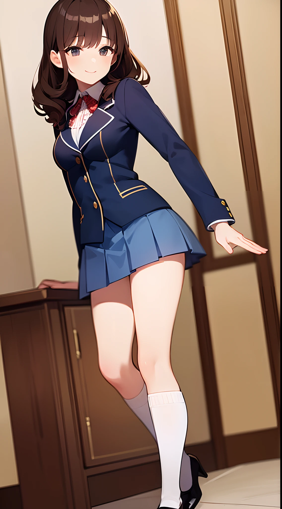 Masterpiece, high quality, 1girl, solo, brown hair, curly hair, hazel eyes, medium sized bust, (blue school uniform, sexy school uniform, blue blazer, lace section, ribbon, blue short skirt, white thigh-high socks, black high heels), smile, flat_color, full body, seductive pose