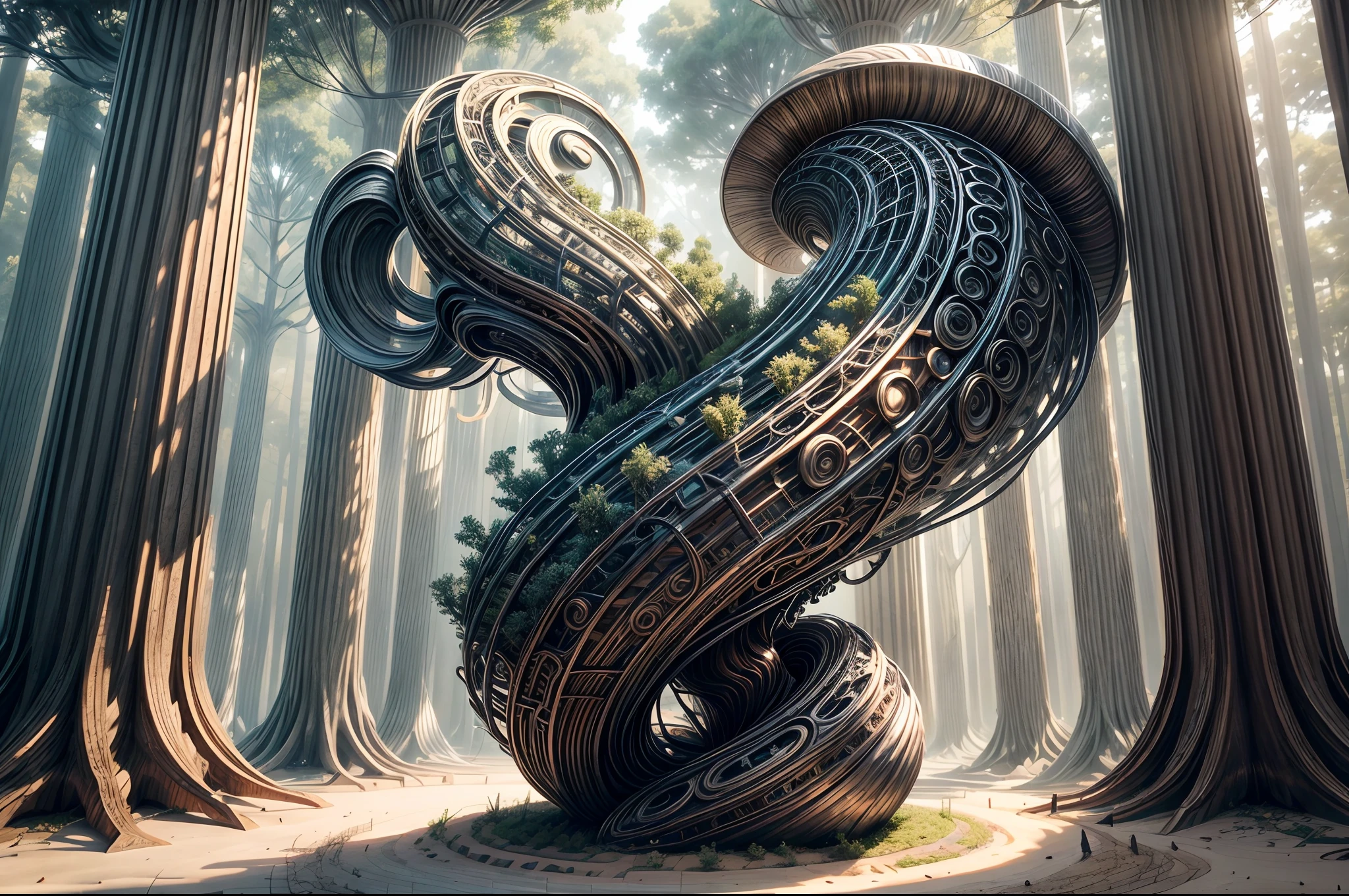 An abstract sculpture made from metallic materials, resembling an otherworldly tree with a spiraled shell trunk. This unique art piece represents the intersection of organic and alien aesthetics, suggesting the beauty of undiscovered life forms.