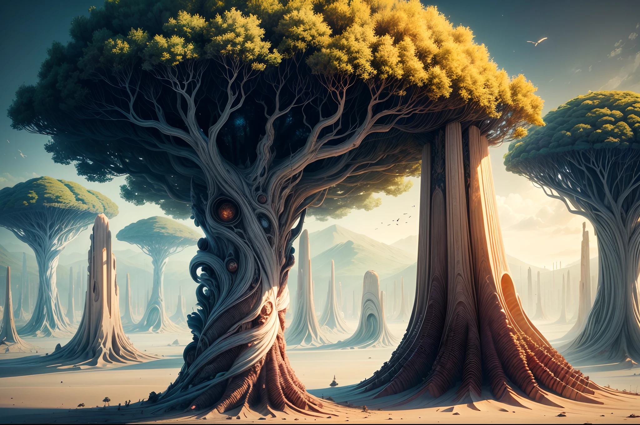 A surreal digital artwork featuring an alien world where trees have shells instead of bark, and their leaves emit melodious notes when touched by the gentle breeze. The landscape is a symphony of colors and sounds, a harmonious fusion of nature and music.