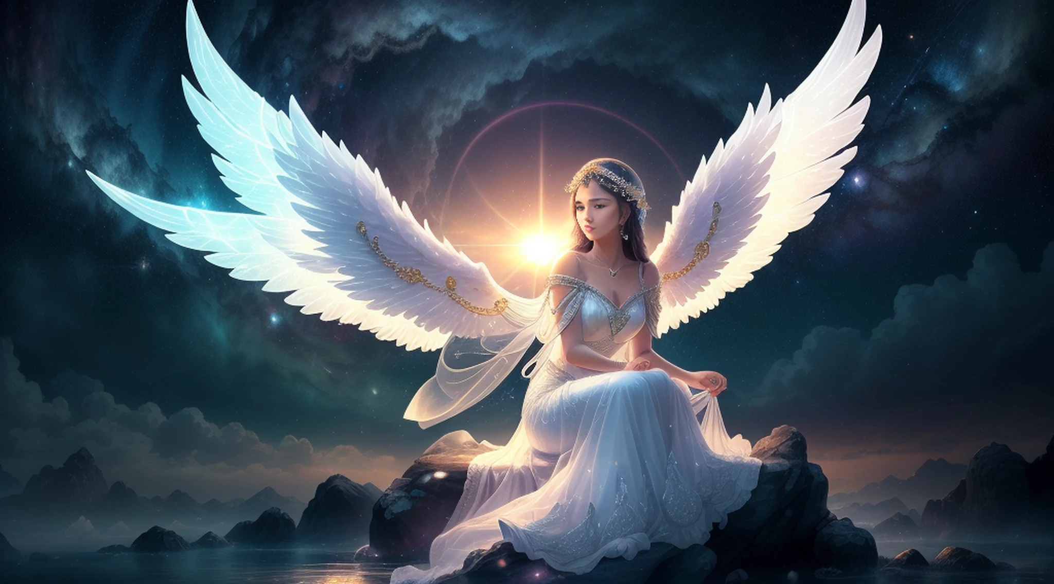 The angel must have a serene and majestic appearance, with bright white wings extending backwards. Your features should convey a calm and angelic expression, with soft eyes and a soft smile on his lips.
The angel will be sitting or floating on a soft, fluffy cloud, rodeado por um leve brilho celestial. Your hands should be expertly positioned, dedilhando as cordas da harpa com graciosidade. A harpa deve ser representada com detalhes elegantes, com cordas douradas brilhantes e um formato delicado.
The soft light will envelop the angel, destacando suas asas e criando uma atmosfera celestial. The scenery may include additional clouds and gentle rays of sun that cross the sky, Creating a Celestial and Magical Environment.
Por favor, Try to capture the sense of serenity, Beauty and harmony in this illustration. Feel free to add your own artistic style and creativity to the drawing. Aguardo ansiosamente para ver o resultado final dessa maravilhosa imagem de um anjo tocando harpa."