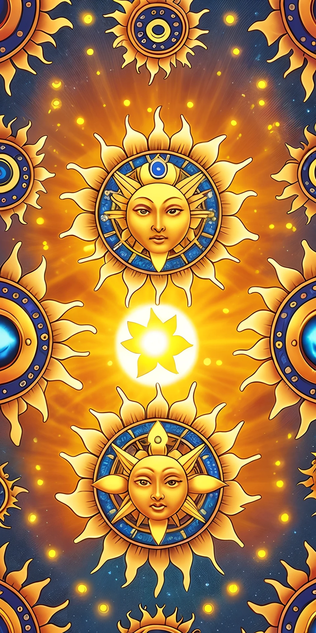 a close up of a sun with many faces on a blue background, multiple suns, god of the sun, as the goddess of the sun, the three suns, sun god, suns, inspired by Sun Long, the queen of the sun, goddess of the sun, 4k solarpunk wallpaper, two suns, tarot card background, solar beings