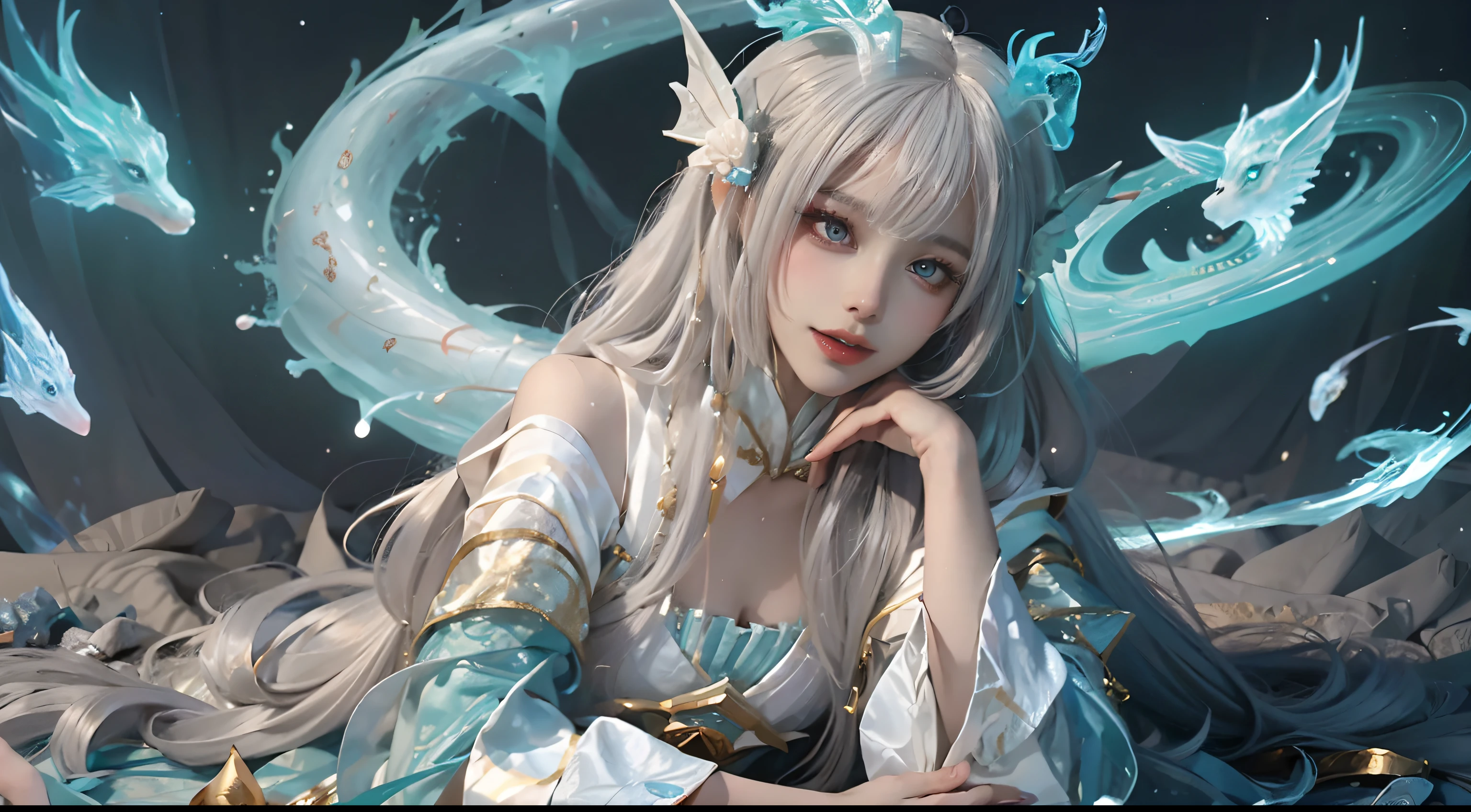 Close-up of a woman in a costume,beautiful celestial mage,Amazing young ethereal characters,shaxi,A flowing magic robe,white hanfu,xianxia fantasy,Beauty Delfin,Ethereal fantasy,Elegant and charming cosplay,Half lying on the ground,Feminine and colorful,It's tumultuous,nighttime scene,Lots of neon