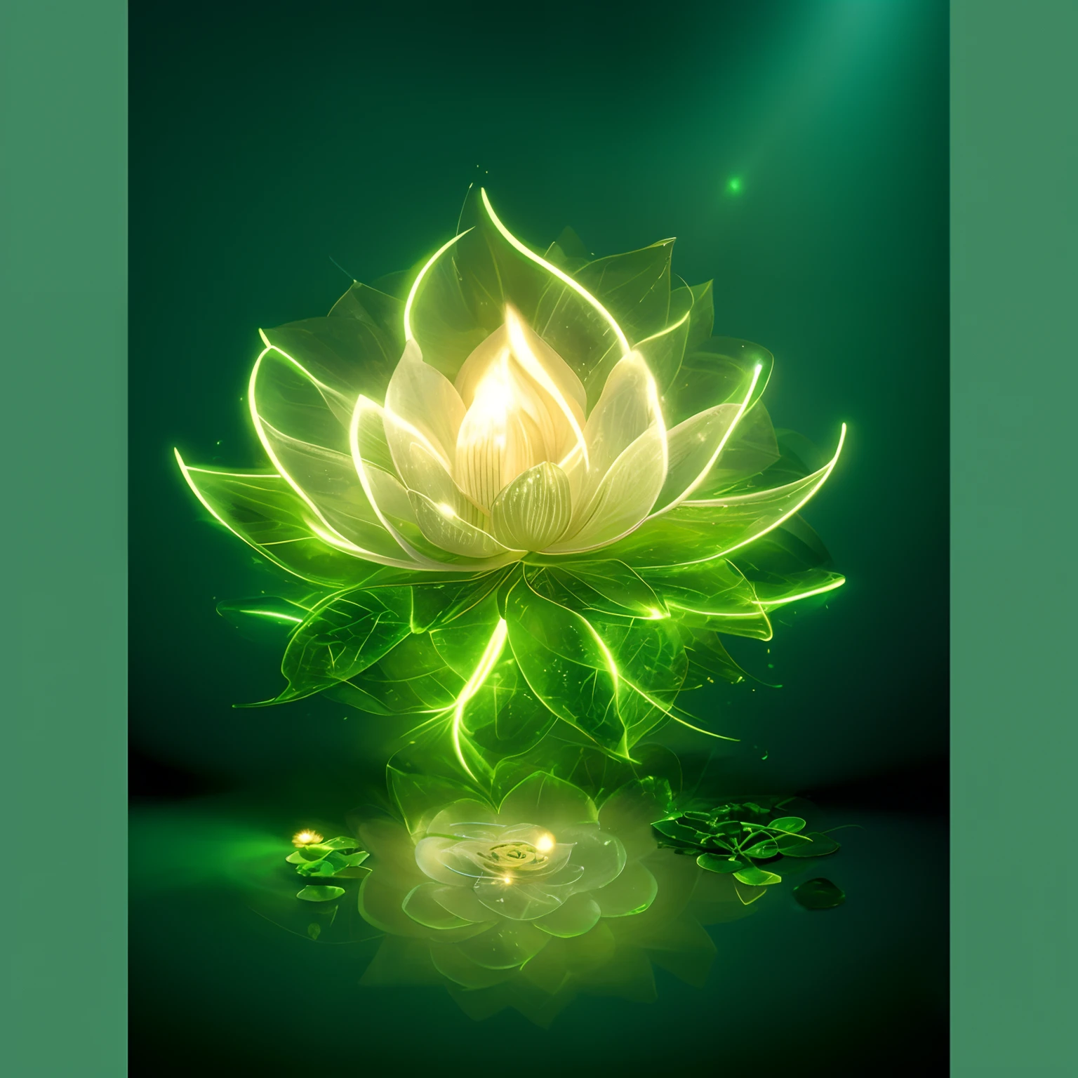 There is a picture of a flower glowing in the dark, glowing delicate flower, green aura, emanating and flowing energy, Lotus, Glowing aura, Liquid luminescent aura, glowing from within, glowing green, lotus flower, green glow, Glowing energy, glowing holy aura, Ayahuasca spirit, standing gracefully upon a lotus, green glow, light bloom