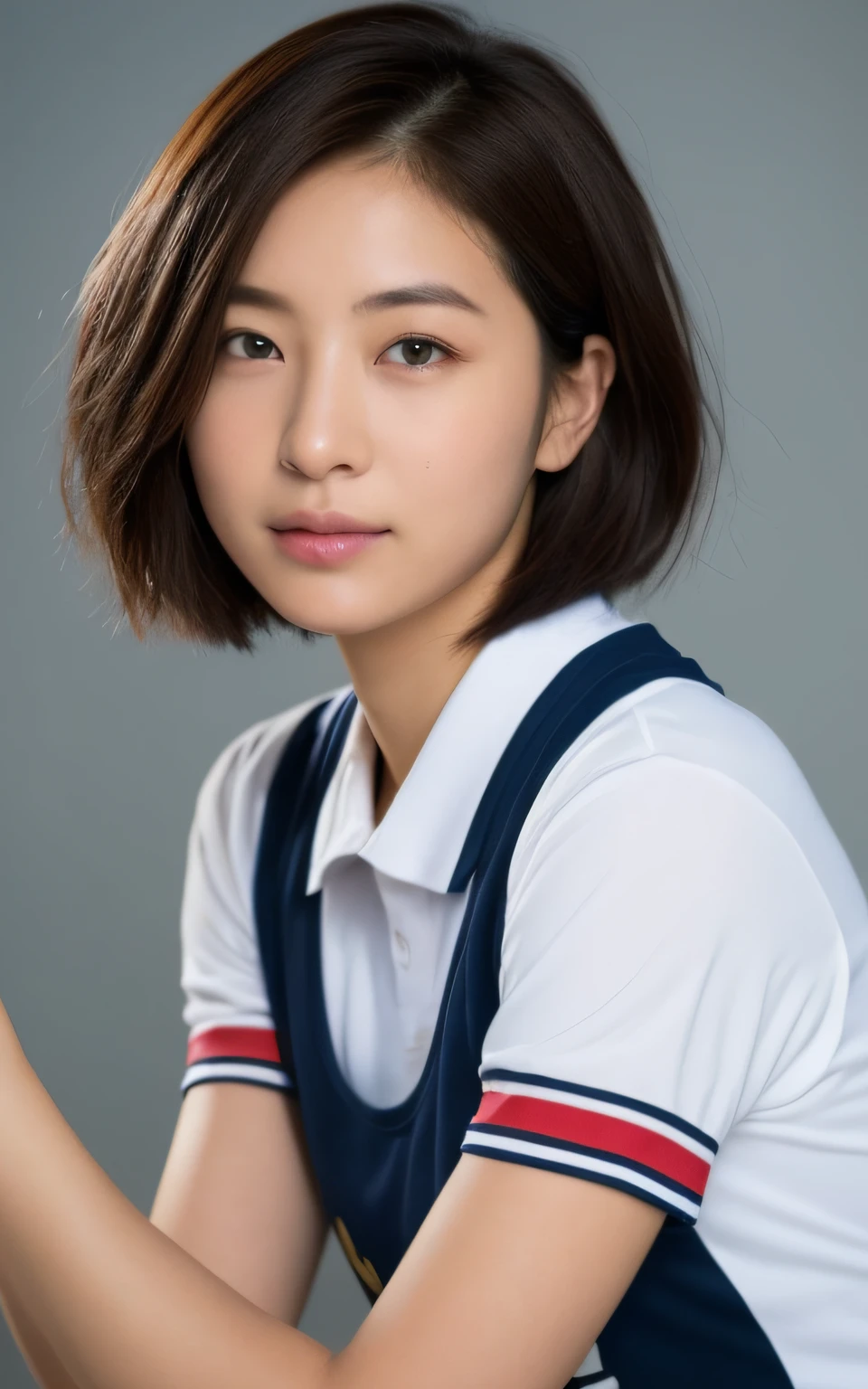 ((top-quality、8K、​masterpiece:1.3))、sharp:1.2、Perfect Body Beauty:1.4、Slim abs:1.2、((Layered Hair Style、hugetits:1.2))、g-cup、plump thighs、hi-school girl、20yr old、Wetty:1.5、Highly detailed facial and skin texture、A detailed eye、二重まぶた、Aspect of looking at the camera、Brown hair shortcut、perspiring、Photographing the whole body、Portrait photo of woman wearing volleyball uniform、Buruma、short-cut、bobhair、short-haired、Bery short hair、Masami Nagasawa