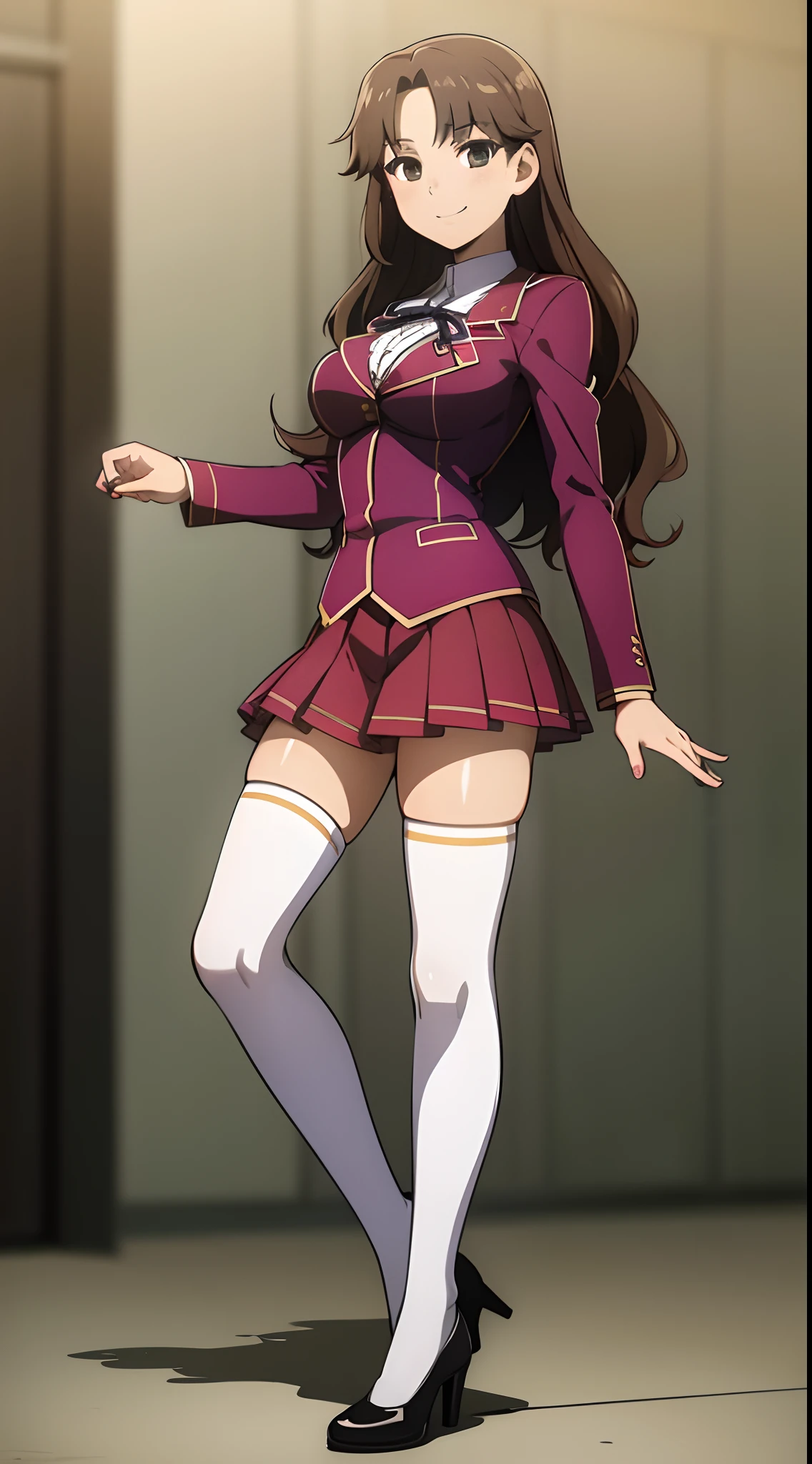 Masterpiece, high quality, 1girl, solo, brown hair, curly hair, hazel eyes, medium sized bust, (rainbow school uniform, sexy school uniform, rainbow blazer, lace section, ribbon, rainbow short skirt, white thigh-high socks, black high heels), smile, flat_color, full body, seductive pose