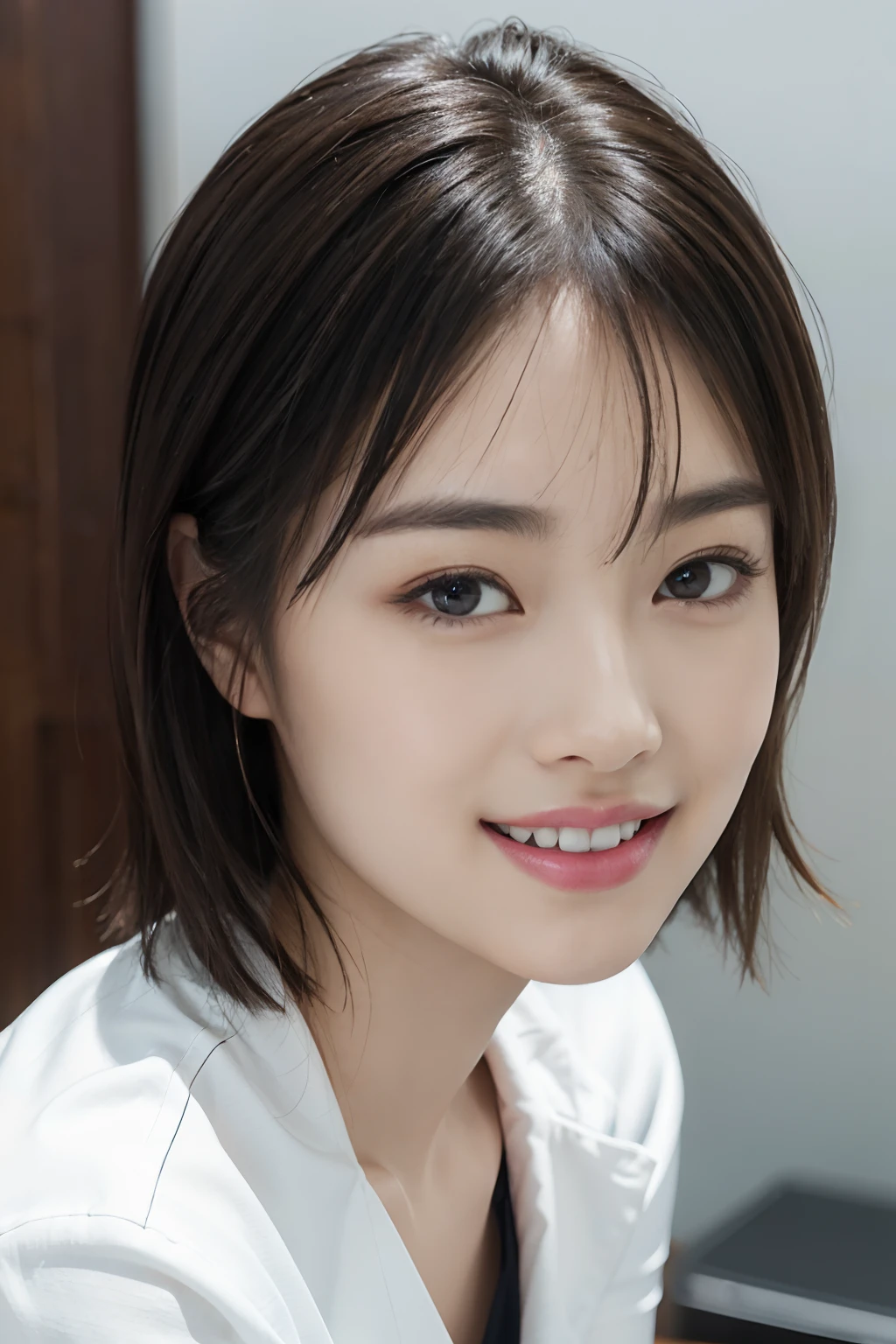 A hyper-realistic、hight resolution、8k wallpaper、ighly detailed、Best Illustration、beautifully detailed eyes、top-quality、ultra-detailliert、​masterpiece、A detailed face、独奏、1 girl in、looking at the viewers、A detailed face、in the darkness nigth、A smile、short-hair、straight haired、The upper part of the body、Wearing an office shirt