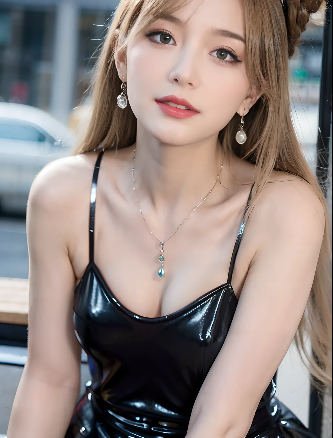 Random posture, (extremely delicate and beautiful work), (masutepiece), 1girl in, Girl in shiny black transparent dress, Highly detailed, waist leaking, ponytail contorted, enticing expression, Beautiful and clear eyes, green eye pupil, delicate necklaces, Delicate earrings, Simple blurred background, extreme detail description, Beautiful, Charming, Ultra-fine painting, Delicate face, plump figure, thin clavicle, Lovely lips, huge-breasted, soft behind, mix4,(8K, Raw photo, Best Quality, masutepiece:1.2), (Realistic, Photorealsitic:1.37),1girl in,Cute,Cityscape, Night, Rain, Wet, Professional Lighting, Photon mapping, Radio City, Physically-based rendering,(beautiful small hard nipple:1.3),(seen nipple head on the dress:1.4),(shiny:1.5),(Transparent:1.3),Blonde hair,Full body