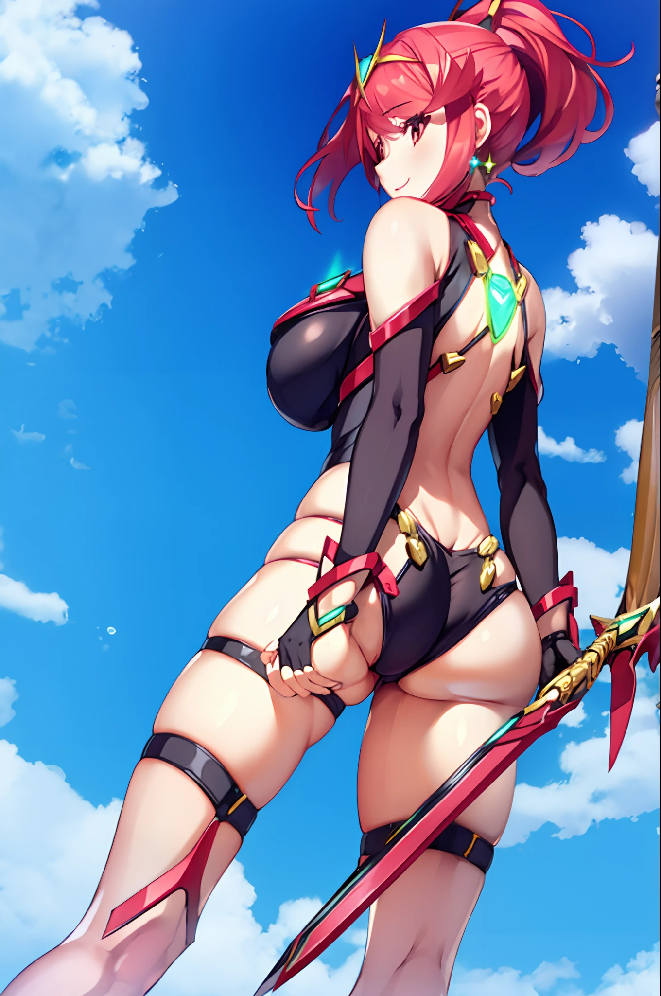pyra \(xenoblade\), _1girl, lolings, black gloves, breasts, red eyes, shout, earrings, eyelashes, fingerless gloves, floating hair, , gem, gloves, hair ornament, headpiece, jewelry, big_breasts, leaning back, swimsuit, neon trim, official art, pose, red hair, saitou masatsugu, short hair, sidelocks, skin tight, solo, swept bangs, thighhighs, tiara, fantasy_town_background, underbust, xenoblade chronicles \(series\), (xenoblade chronicles 2), (spread_legs:1.1), fire_effect,dynamic_pose,fighting,light_smile, (plump:1.1), big_ass,huge_sword, hold_large_sword_hilt, covered_nipples, covered_pussy, fists,ponytail,beautiful_fingers,(solo:1.1), bare_shoulder,(shoulder_naked:1.2), nipple_jewel,