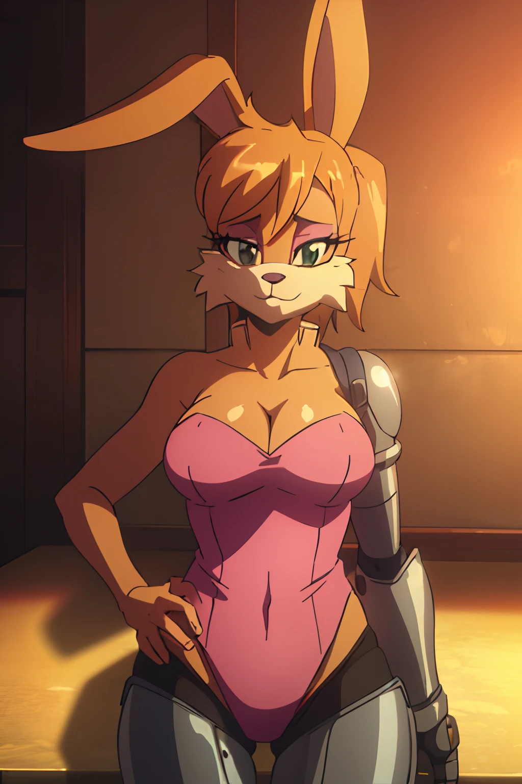 upper body, masterpiece,8k, best quality,insanely detailed, ((masterpiece)),subsurface scattering, detailed, good hands, 1girl,solo,wide hips,good eyes, ray tracing,bunnierabbot,furry, furry female, busty, pink leotard