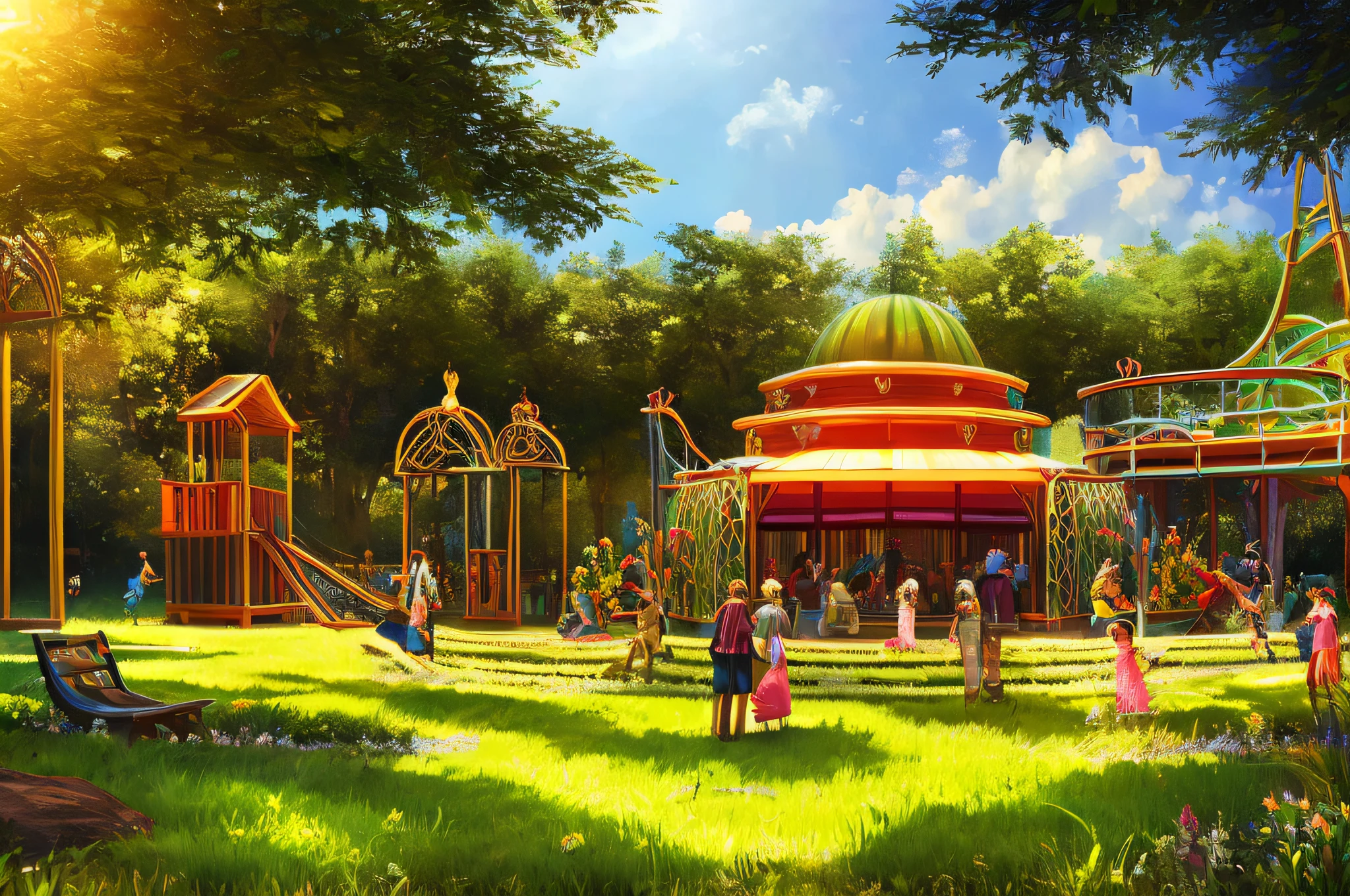 scene of a amusement park, 3 people, tranquil grass, sunlight, glow, scenery concept art, overgrowth. by Renoir , relaxing concept art, traditional classic concept art, a beautiful artwork illustration. high detail, background art, detailed concept art, environment design illustration, concept art highly detailed