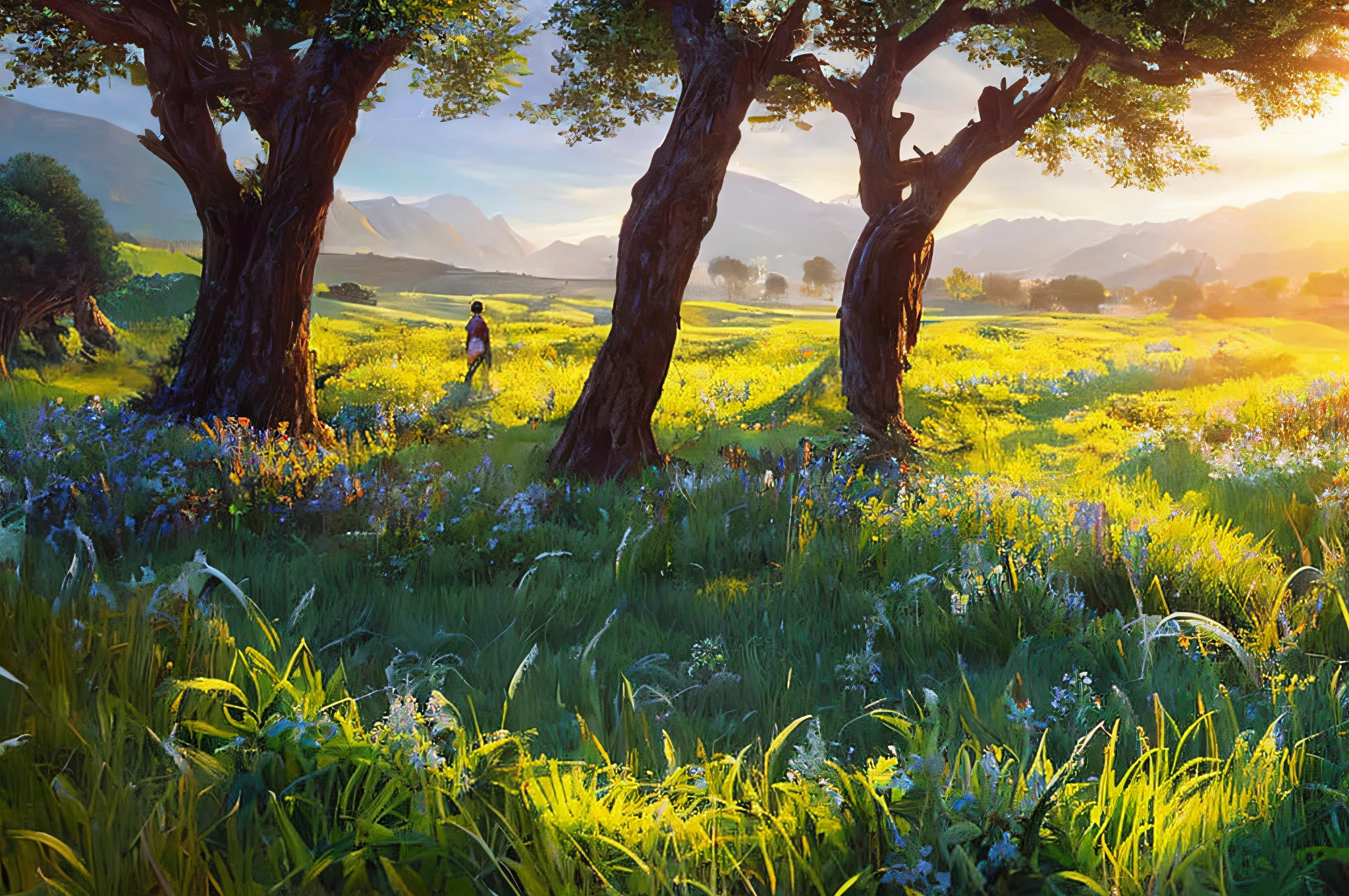 scene of a pasture, 3 people, tranquil grass, sunlight, glow, scenery concept art, overgrowth. by Renoir , relaxing concept art, traditional classic concept art, a beautiful artwork illustration. high detail, background art, detailed concept art, environment design illustration, concept art highly detailed