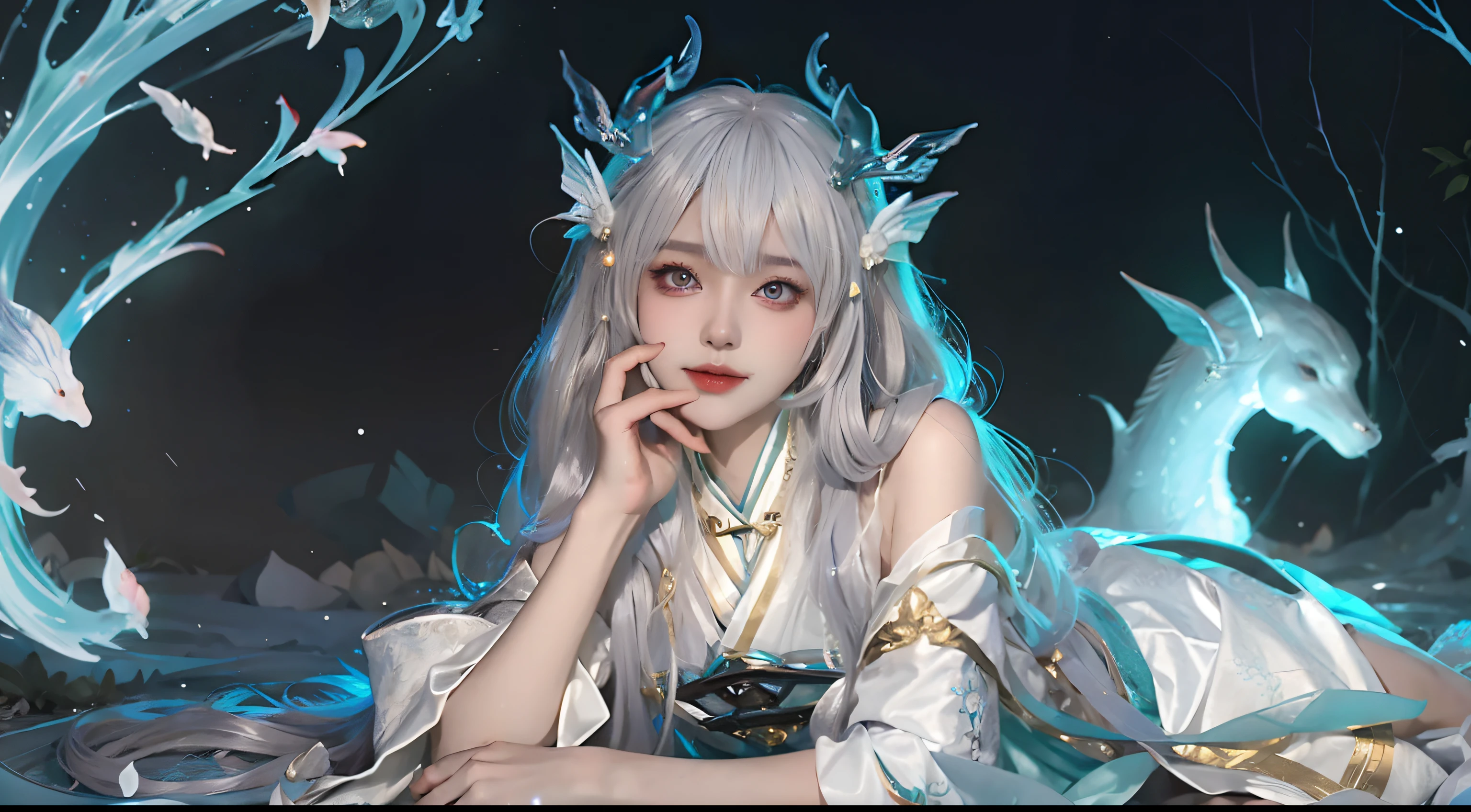 Close-up of a woman in a costume,beautiful celestial mage,Amazing young ethereal characters,shaxi,A flowing magic robe,white hanfu,xianxia fantasy,Beauty Delfin,Ethereal fantasy,Elegant and charming cosplay,Half lying on the ground,Feminine and colorful,It's tumultuous,nighttime scene,Lots of neon