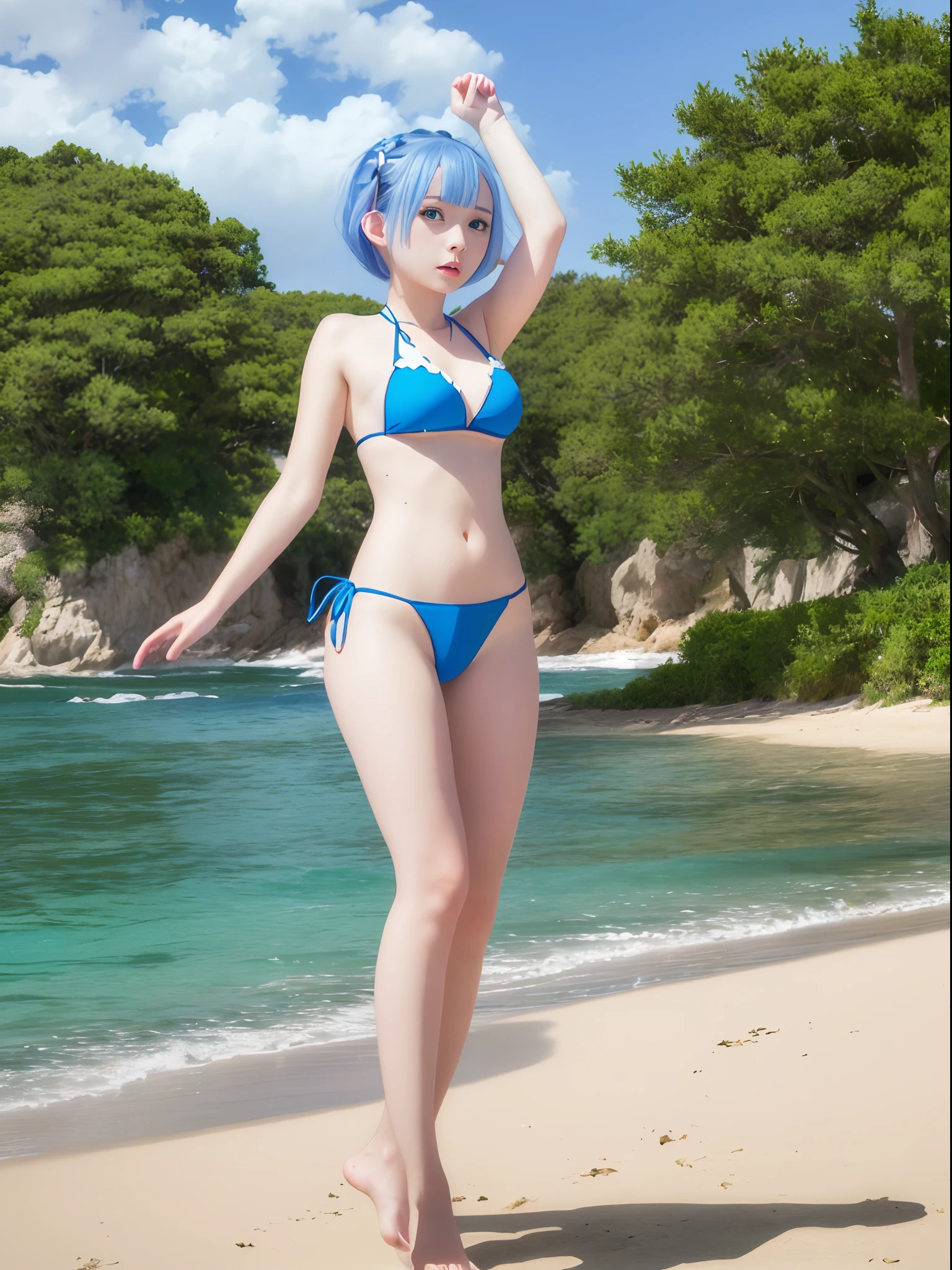 (Masterpiece: 1.6, Best Quality), (Fine Beautiful Eyes: 1.2), ph_rem, Remhd, 1girl, Blue hair, Solo, Blue eyes, Maid, Sea, Bay, Daylight, Tree, Wave, Raise Your Arms, Micro Bikini, Swimsuit