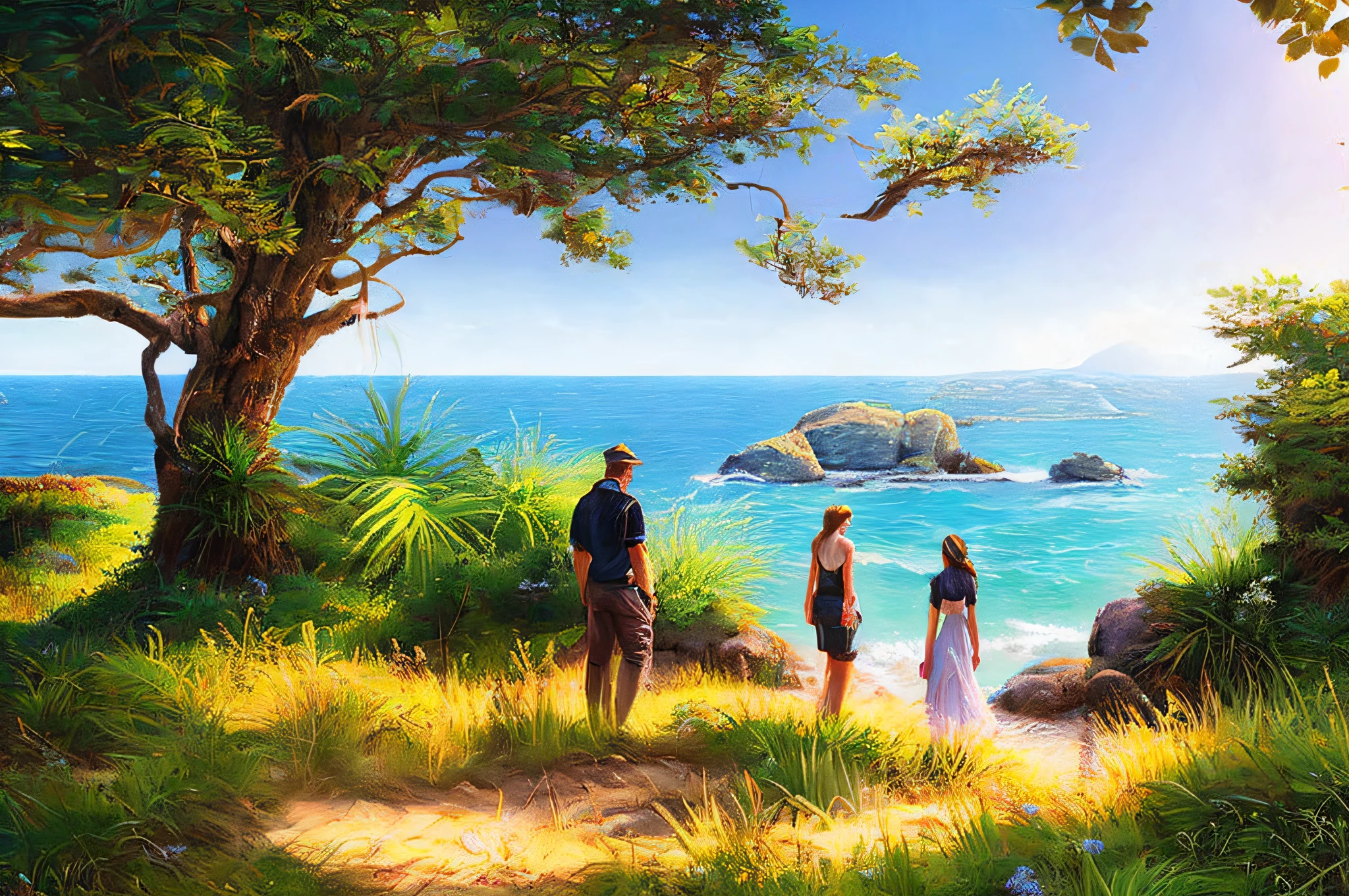 scene of a pasture, 3 people, tranquil sea, sunlight, glow, scenery concept art, overgrowth. by Renoir , relaxing concept art, traditional classic concept art, a beautiful artwork illustration. high detail, background art, detailed concept art, environment design illustration, concept art highly detailed