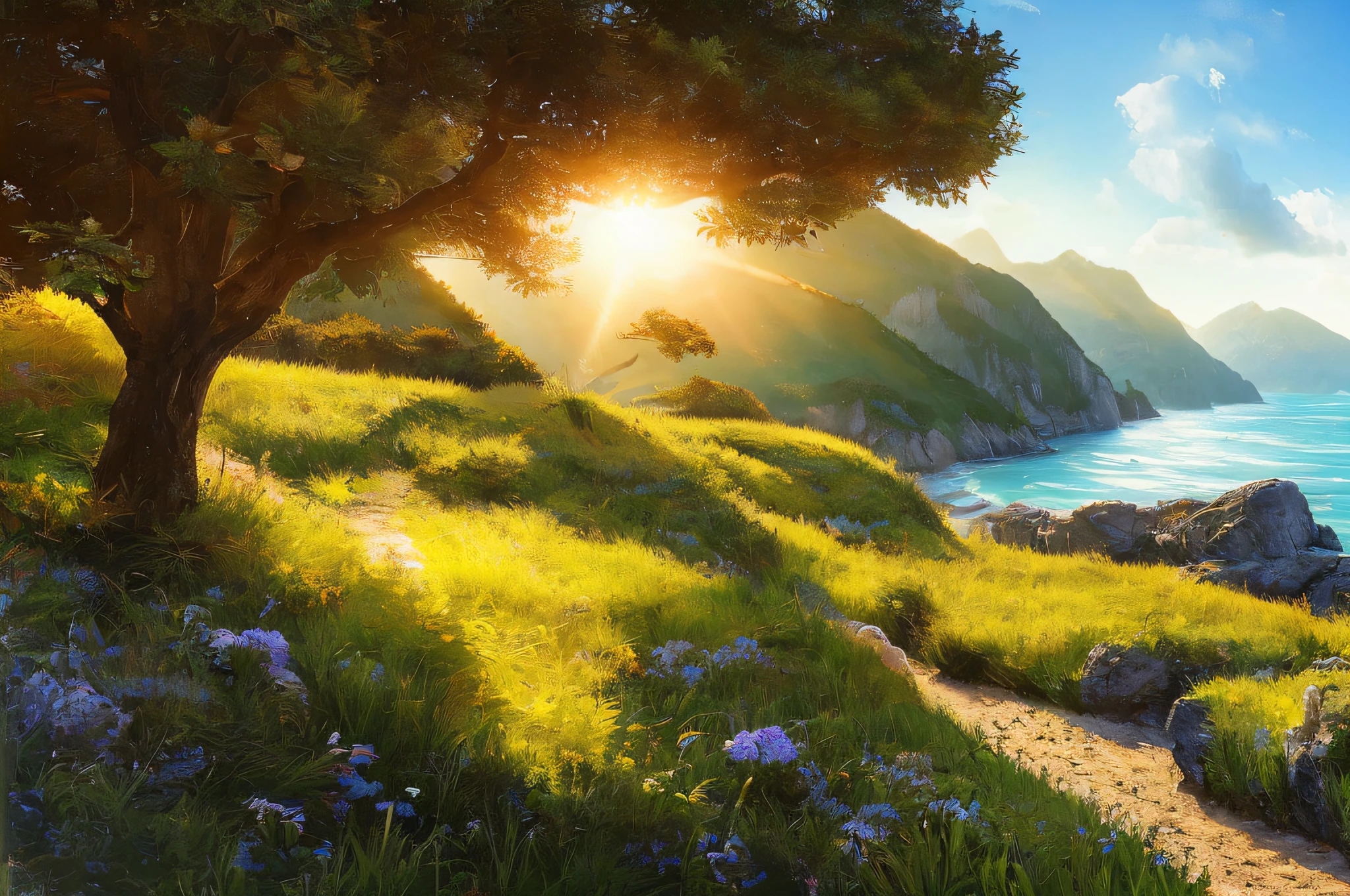 scene of a pasture, 3 people, tranquil sea, sunlight, glow, scenery concept art, overgrowth. by Renoir , relaxing concept art, traditional classic concept art, a beautiful artwork illustration. high detail, background art, detailed concept art, environment design illustration, concept art highly detailed