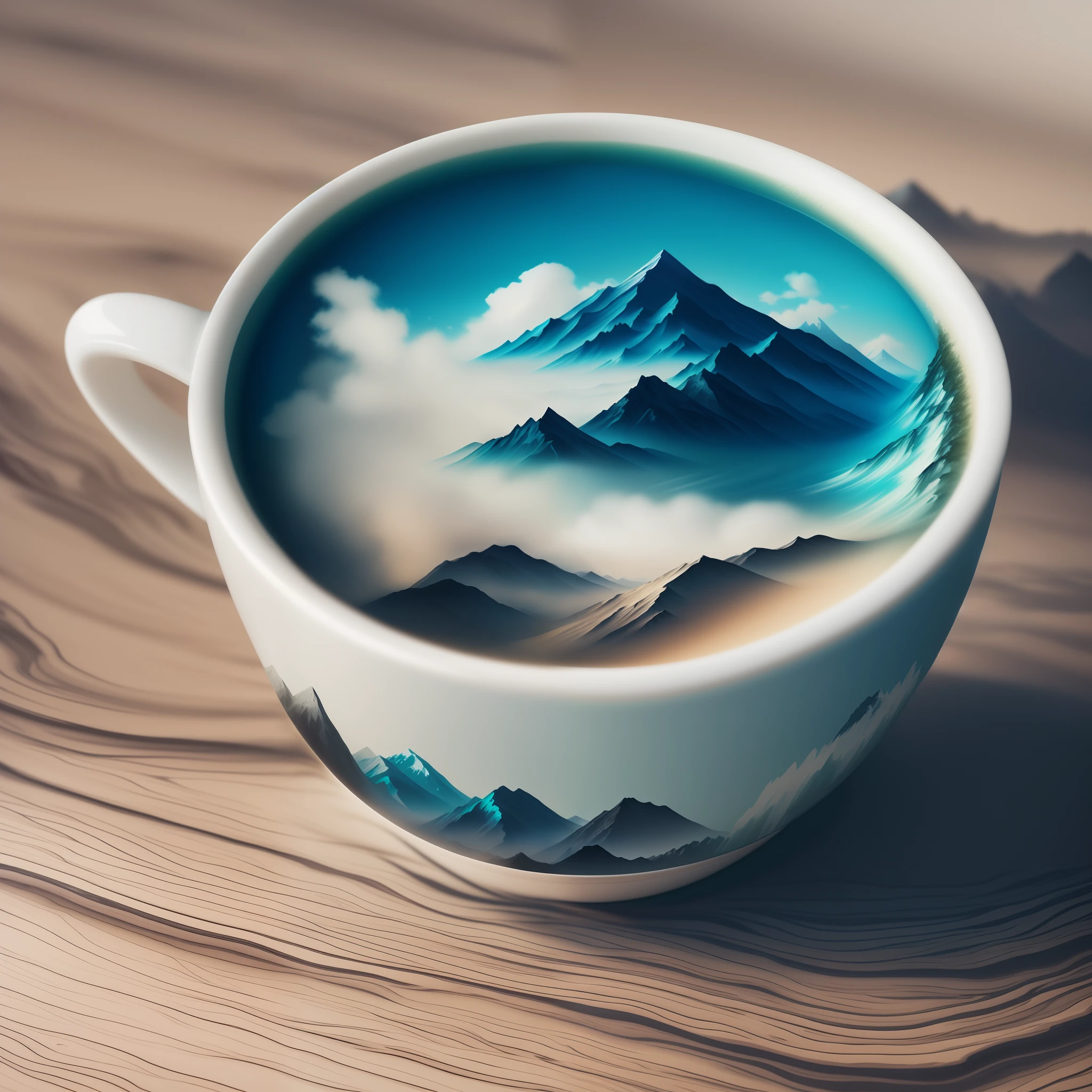 there is a cup of coffee with a mountain scene on it, detailed digital 3d art, hyperrealistic illustration, surreal water art, latte art, inspired by Cyril Rolando, amazing digital art, photorealistic 3d artwork, hyperrealistic 3d digital art, hyperrealistic 3 d digital art, detailed painting 4 k, beautiful digital artwork, highly detailed illustration