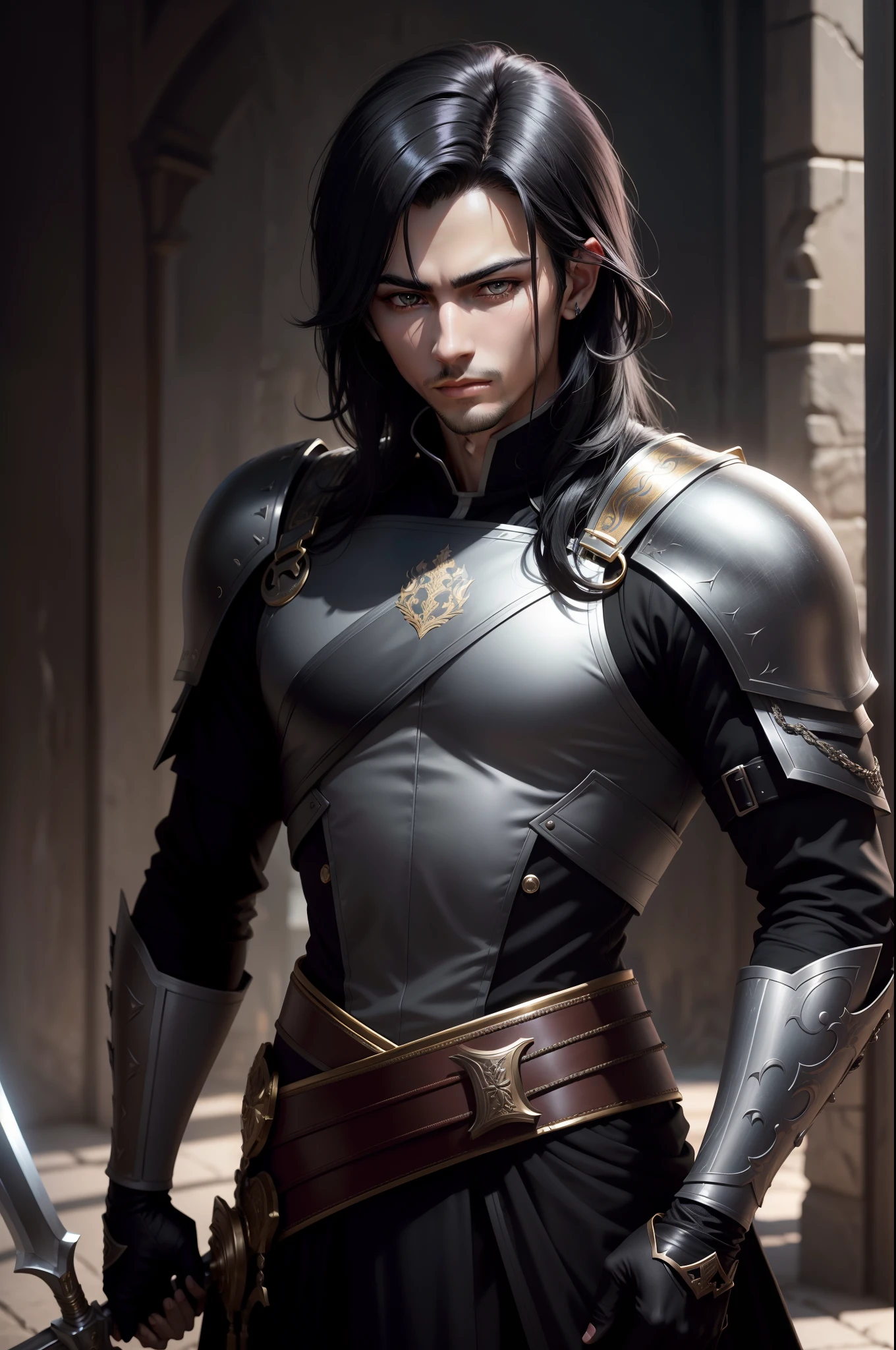 Slightly longer black hair Young handsome prince with dark eyes Metallic black special forces exterior Gentle eyes Handsome prince with a gentle smile Equipped with a sword at the waist Wearing black leather gloves on hands ruins Gwaitz style realisitic Precision Details unrealengine
