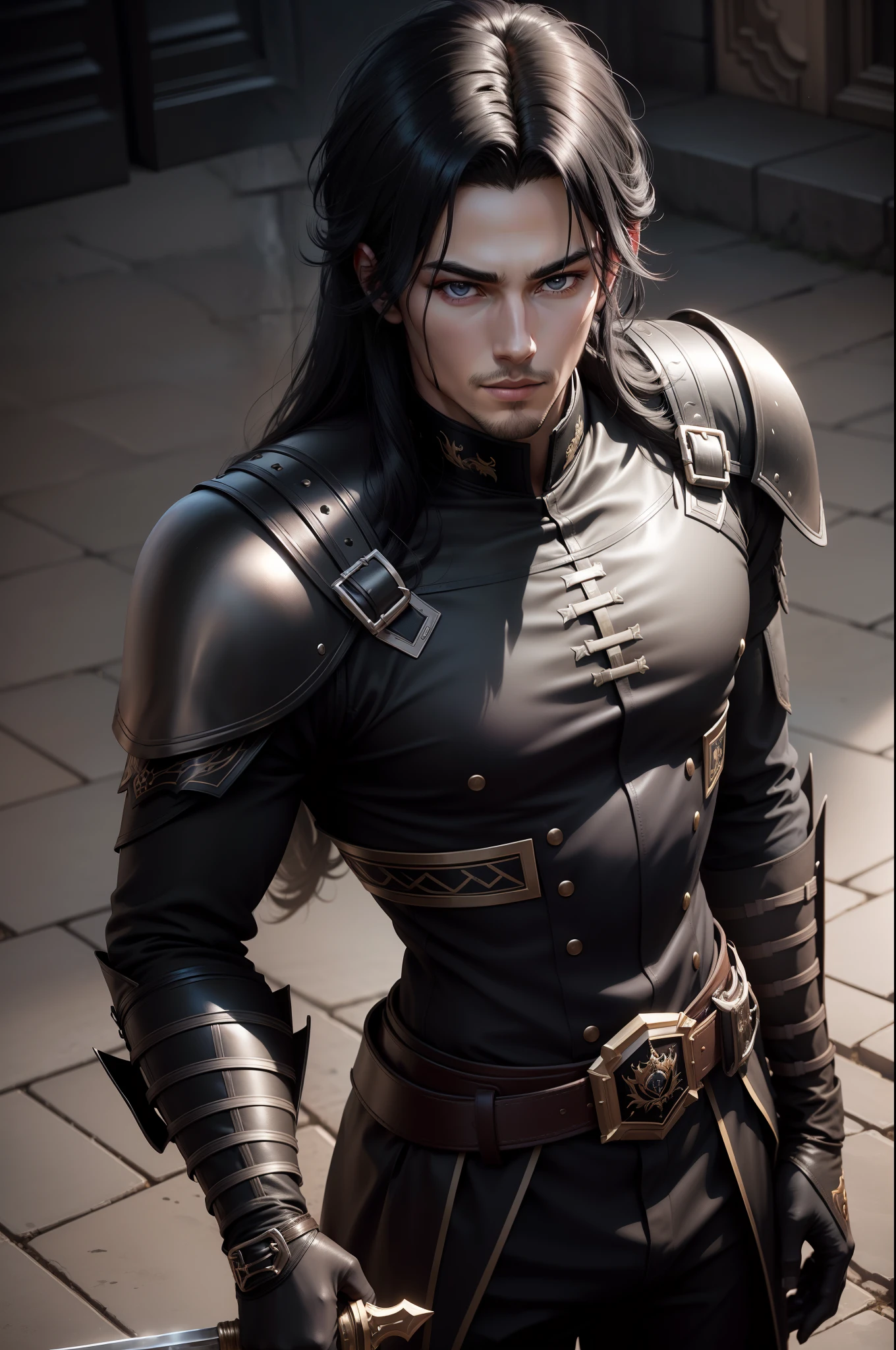 Slightly longer black hair　Young handsome prince with dark eyes　Metallic black special forces exterior　Gentle eyes　Handsome prince with a gentle smile　Equipped with a sword at the waist　Wearing black leather gloves on hands　ruins　Gwaitz style　realisitic　Precision Details　unrealengine