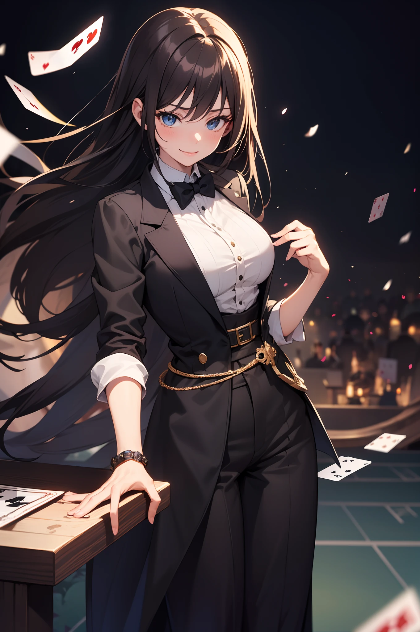( anime artstyle , Masterpiece , Best Quality , Super Detail:1.1 ), 1girl, solo, dynamic shot, mischievous, charismatic, detailed face, sparkling eyes, a hint of mischief in her smile, confident and cunning, youthful and vibrant, tousled hair with colorful streaks, dressed in a stylish and mysterious outfit, a tailored black suit adorned with intricate patterns of playing cards, fingerless gloves with hidden compartments, a top hat tipped to the side, a deck of cards held expertly in her hand, each card seemingly alive with its own personality, her fingers dancing across the cards with skill and precision, as she weaves a web of illusion and deception, her voice smooth and persuasive, captivating her audience with her witty banter and clever wordplay, surrounded by an array of magical objects and props, a smoke-filled stage filled with anticipation, a crowd of amazed onlookers watching in awe, a sense of wonder and excitement in the air, a true master of both magic and trickery