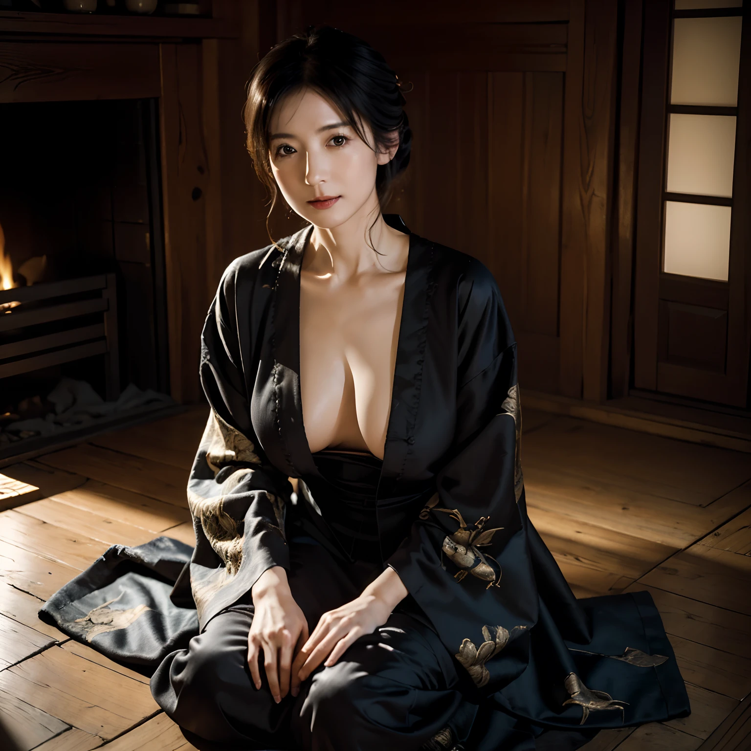 (​(masterpiece, Best Quality, High resolution, 32K HDR)), 1female, solo, (Ultra-realistic portrait of mature Japanese female, sexy mature female, 60 age, huge breasts, shabby torn Kimono), (messy house:1.1, shabby house:1.1, straw house:1.1, small old house in Edo era:1.2), (sitting on shabby wood floor, realistic hearth:1.1, fire on the hearth), (dark atmosphere, no light),