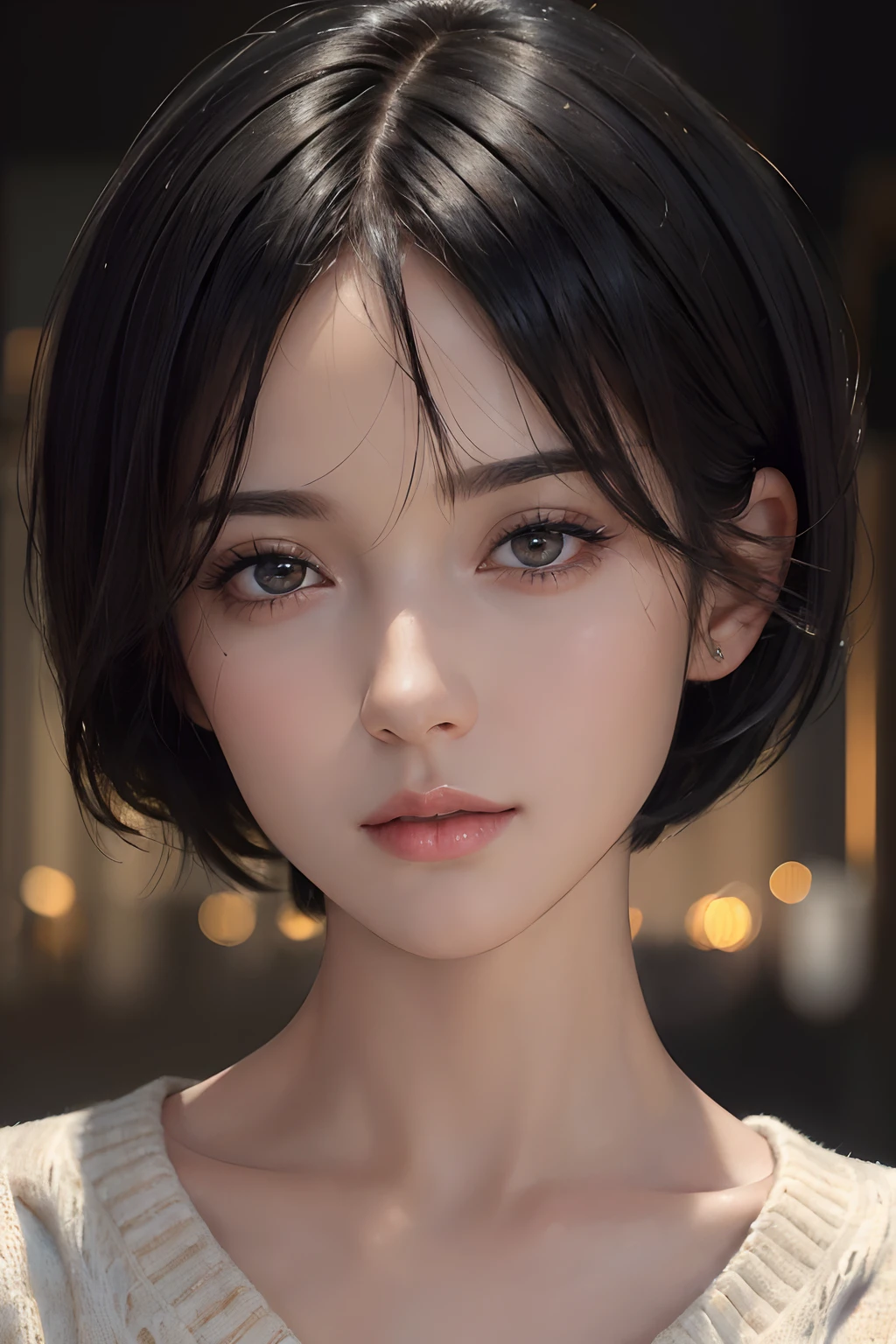 (masterpiece:1.3), (8k, photorealistic, RAW photo, best quality: 1.4), (1girl), beautiful face, (realistic face), (black hair, short hair:1.3), beautiful hairstyle, realistic eyes, beautiful detailed eyes, (realistic skin), beautiful skin, (sweater), absurdres, attractive, ultra high res, ultra realistic, highly detailed, golden ratio