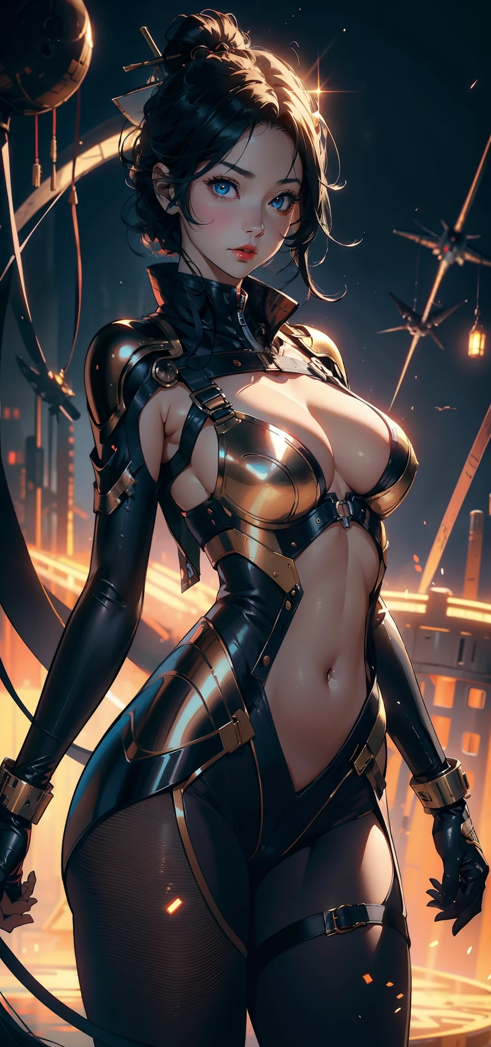 1female，35yo，plumw，extremely large bosom， 独奏，（Background with：Huge machinery，droid，aerodrome，Planes，Huge mechanical armor，） She has very short black hair，bobo head，Stand on the plane，，seen from the front， hair straight， mostly cloudy sky，（（（tmasterpiece），（Very detailed CG unity 8K wallpaper），best qualtiy，cinmatic lighting，detailed back ground，beatiful detailed eyes，Bright pupils，Blue eyes，Snow-whiteskin，Redlip（Very fine and beautiful），（Beautiful and detailed eye description），ultra - detailed，tmasterpiece，））facing at camera，A high resolution，ultra - detailed），revealing breasts，Bare genitalia，  Bulge，legs are open，Raised sexy，Camel toes，Flushed complexion，Desire for dissatisfaction，frontage，British Air Force，Aviator，Officer's cap（Wearing：blazer jacket，tailcoat，White color blouse，a black bowtie，Black pantyhose，Gold wire embroidery，Armour，Bare breasts）cyber punk style