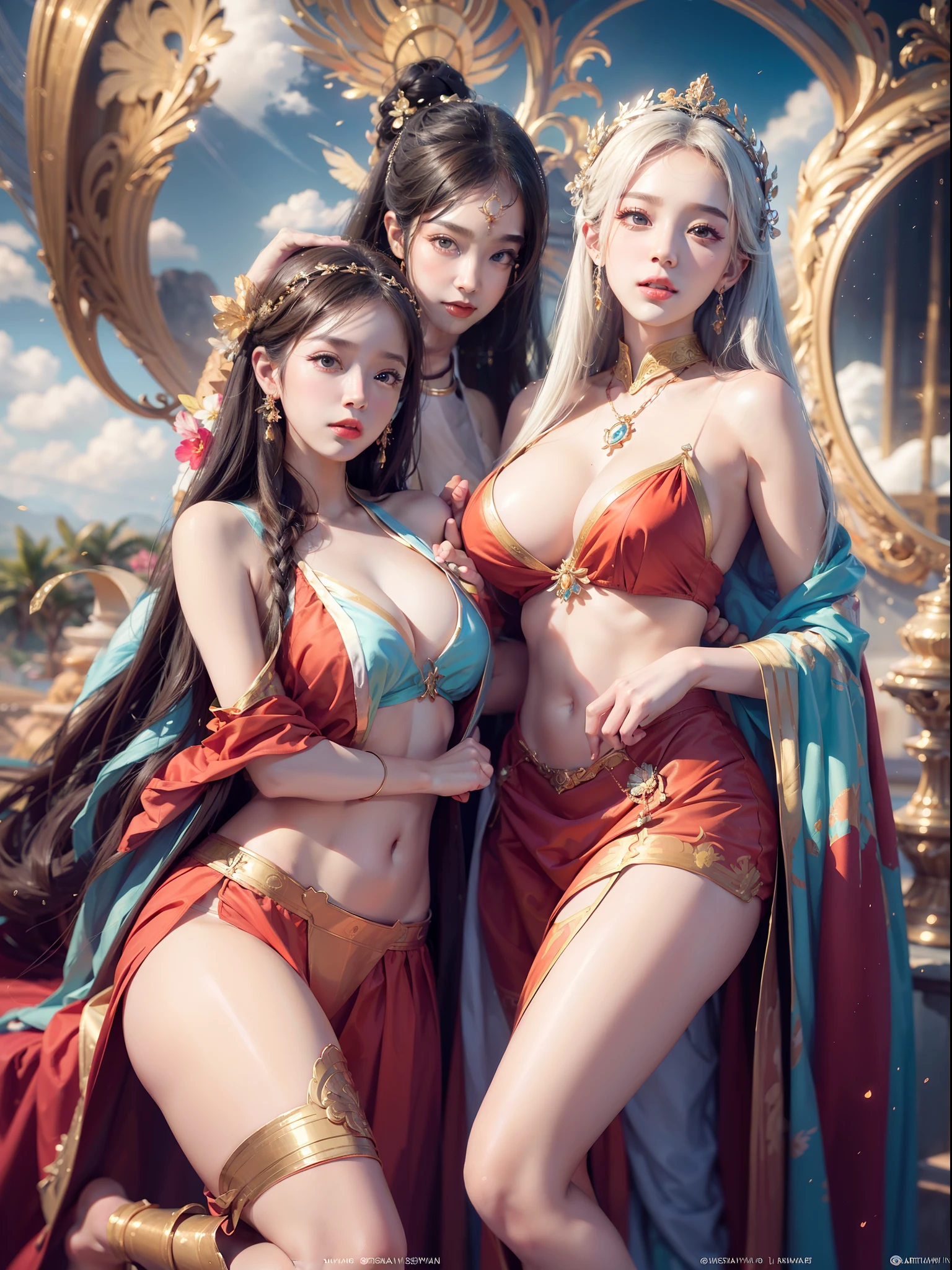 1 Gorgeous goddess of fire, (Float on fiery orange clouds); Perfect hair, perfect full lips, Delicate and perfect body, Her body is flawless, Amazing galactic garden, Background of flames, Floating on the clouds, Highly stylized features; (full bodyesbian), unsplash, Highly detailed, Digital painting, intricately detailed eyes, Colourful, Ink painting, Beautiful watercolor, Realistic, Detailed, fine art, Oil painting, Finely drawn hands; By Artgerm, by Alphonse Mucha, author:Ilya Kuvshinov sty, Paintings by Olga Shvasur, Svetlana Novykova,(In the daytime:1.8),in summer,beachside,(naturey:1.9),Very long hair,grinning smile,Raised sexy,unaligned breasts,dynamic angle,dynamicposes,exteriors,Seaside view, (RAW photogr:1.2), (realisticlying:1.4), absurderes, Incredibly Ridiculous res, hugefilesize , ultra - detailed, A high resolution, The is very detailed, best qualtiy , tmasterpiece, illustratio, Extremely refined and beautiful, The is very detailed, CG ,Solidarity , 8k 壁纸, astounding, finedetail, tmasterpiece, best qualtiy,pureerosface_v1,ulzzang-6500-v1.1,