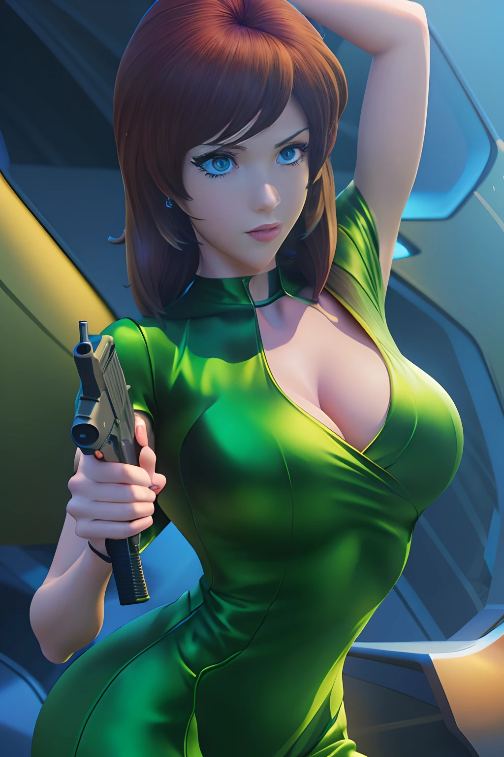 a close up of a woman holding a gun in a green dress, realistic anime 3 d style, rendered in sfm, game cg, anime styled 3d, glamorous jill valentine, artgerm ; 3d unreal engine, faye valentine, perfect dark, 3 d anime realistic, 3d anime girl, sfm render, anya from spy x family, anime cgi style