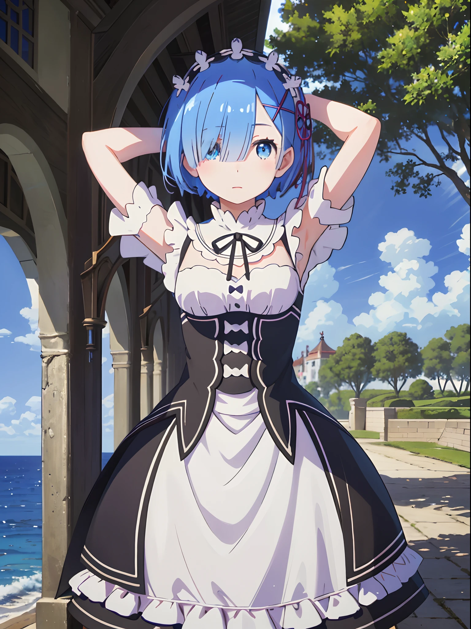 (masterpiece:1.6, best quality), (finely detailed beautiful eyes: 1.2), ph_rem, remhd, 1girl, blue hair, solo, blue eyes, x hair ornament,roswaal mansion maid uniform, maid, ocean,  bay, sunlight, trees, wave,  arms up