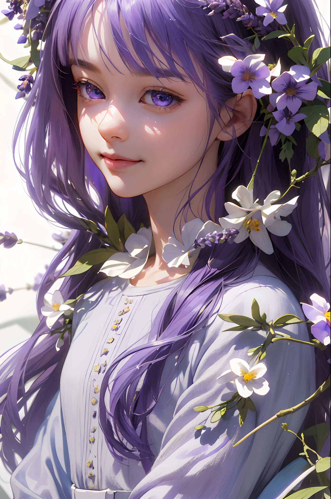 (extremely delicate and beautiful:1.2), 8k ,(masterpiece:1.0),(best_quality:1.0), 1girl, complex details, enlarged textures, complex details, finely detailed eyes and detailed face, intricate details, (closed mouth), perfect eyes, equal eyes, perfect body, extremely detailed, (Child), extremely realistic 3d, (lavender eyes), (lavender hair), (long hair), beautiful, pretty, (light smile)