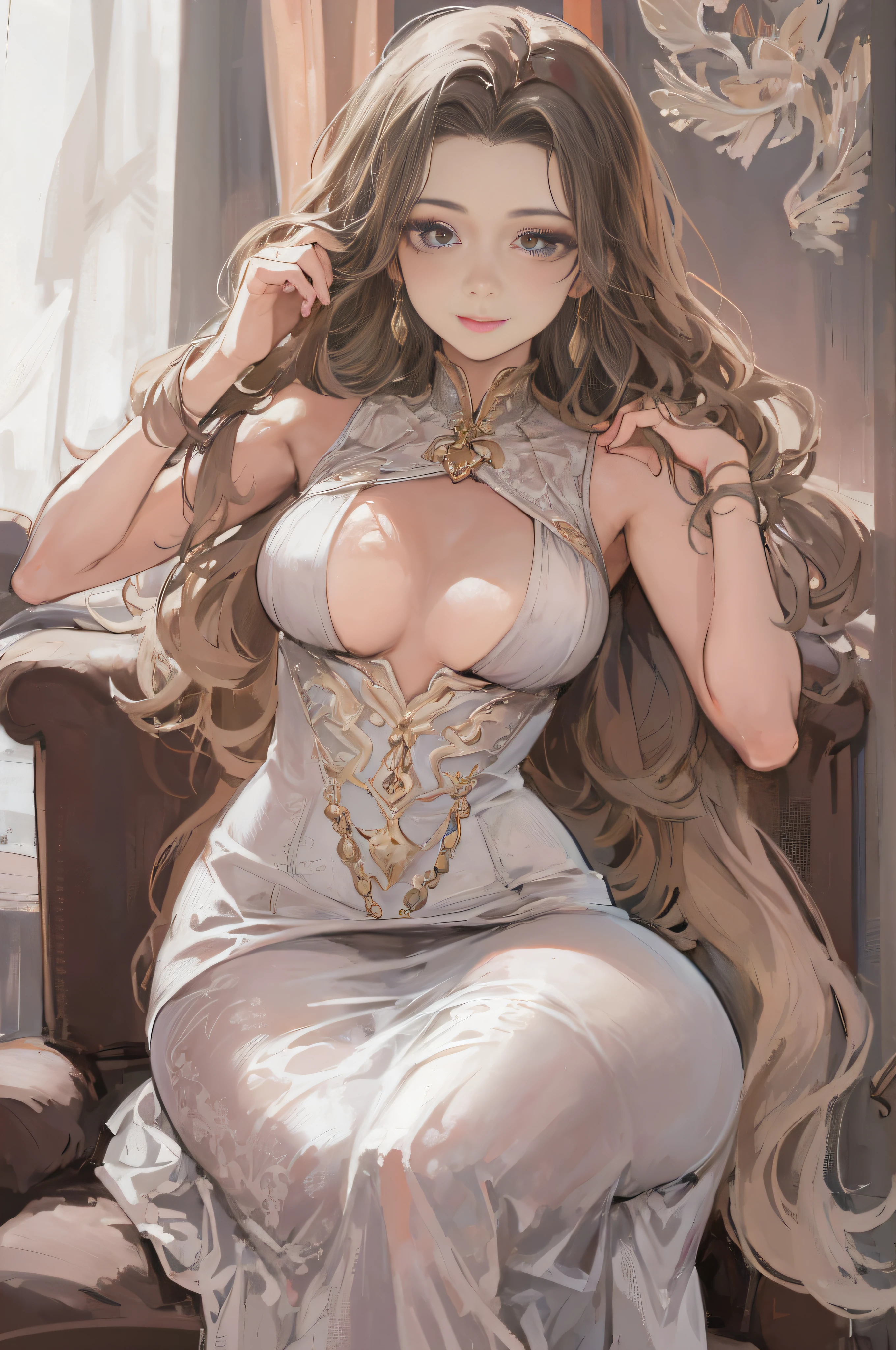 ((A sexy and beautiful woman sitting on top of me and looking down at me)), ((The cutest 22-year-old beauty)), ((Charming smile)), ((Very long hair) ), ((Revealing dress)), ((Abundant bust)), Gradient eyes, Seductive makeup, Single view, NFFSW, UHD, Retina, Masterpiece, Accurate, Anatomy, Scientifically correct, Texture skin, super detail, high detail, high quality, award winning, top quality, high resolution, 1080P, HD, 4K, 8k, 16k