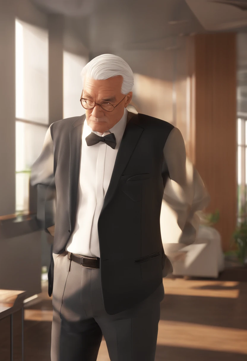 {OLD MAN, white hair} [SUIT BLACK AND TIE], [STANDING LOOKING FROM THE SIDE], IN THE OFFICE HALLWAY