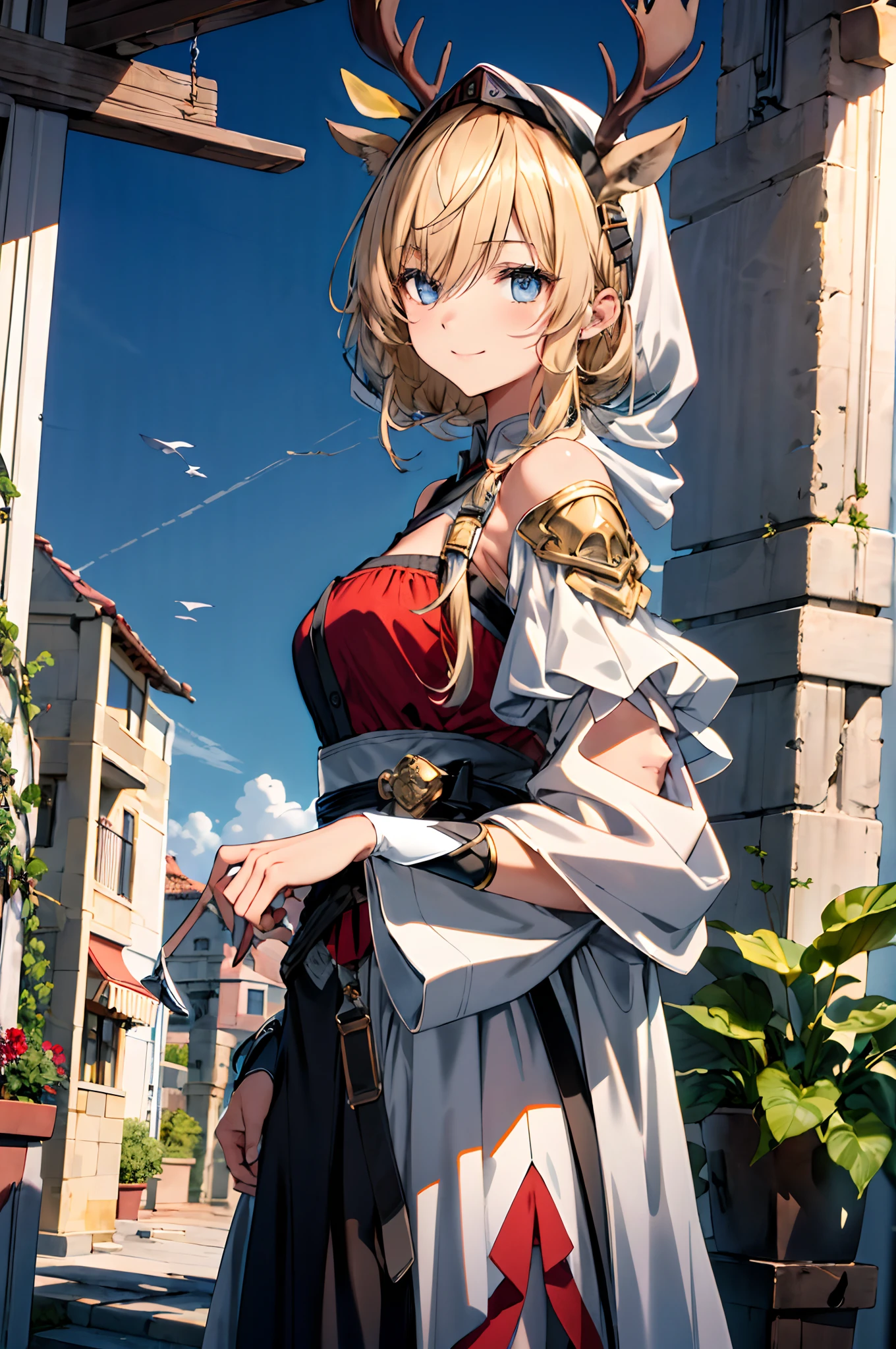 (((Masterpiece))),(incredibly_absurderes),(Best quality),(A high resolution),(Highly detailed),((CG unity 8k wallpaper)),(tmasterpiece、top-quality、illustratio、Extremely high quality、high-level image quality、Extremely sensitive writing)Blonde girl standing in beautiful garden、A slight smile、She has a large bouquet、Cute national costume style dress,There are ruffles on the shoulders、Hair fluttering in the wind
