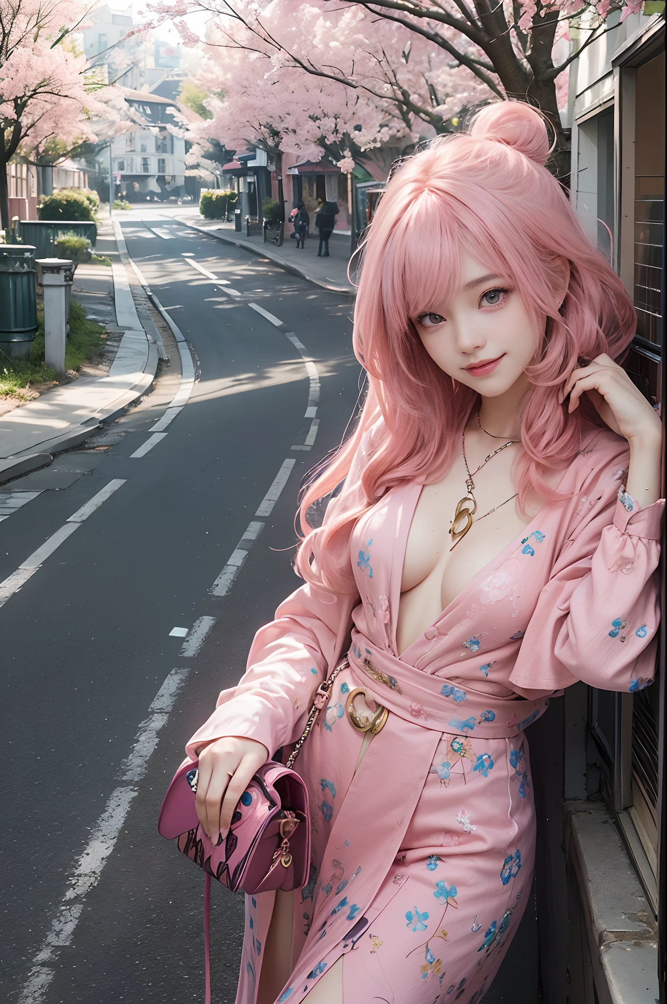 (extra detailed body、extra detailed face、best qualtiy:1.2)、femele、looking at the viewers、(A pink-haired、Lunette de soleil、17 age、a smile、Flashy clothes)、(Pink architecture on background:1.4)、Midjourney Worldview
