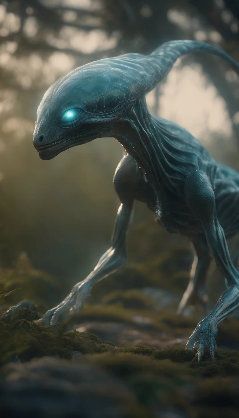 Transparent ethereal alien creatures，中景 the scene is，Full body like， highly detailed surreal vfx，oc rendered，Shot with 70 mm - AR 16:9 --q 2 --s 1000