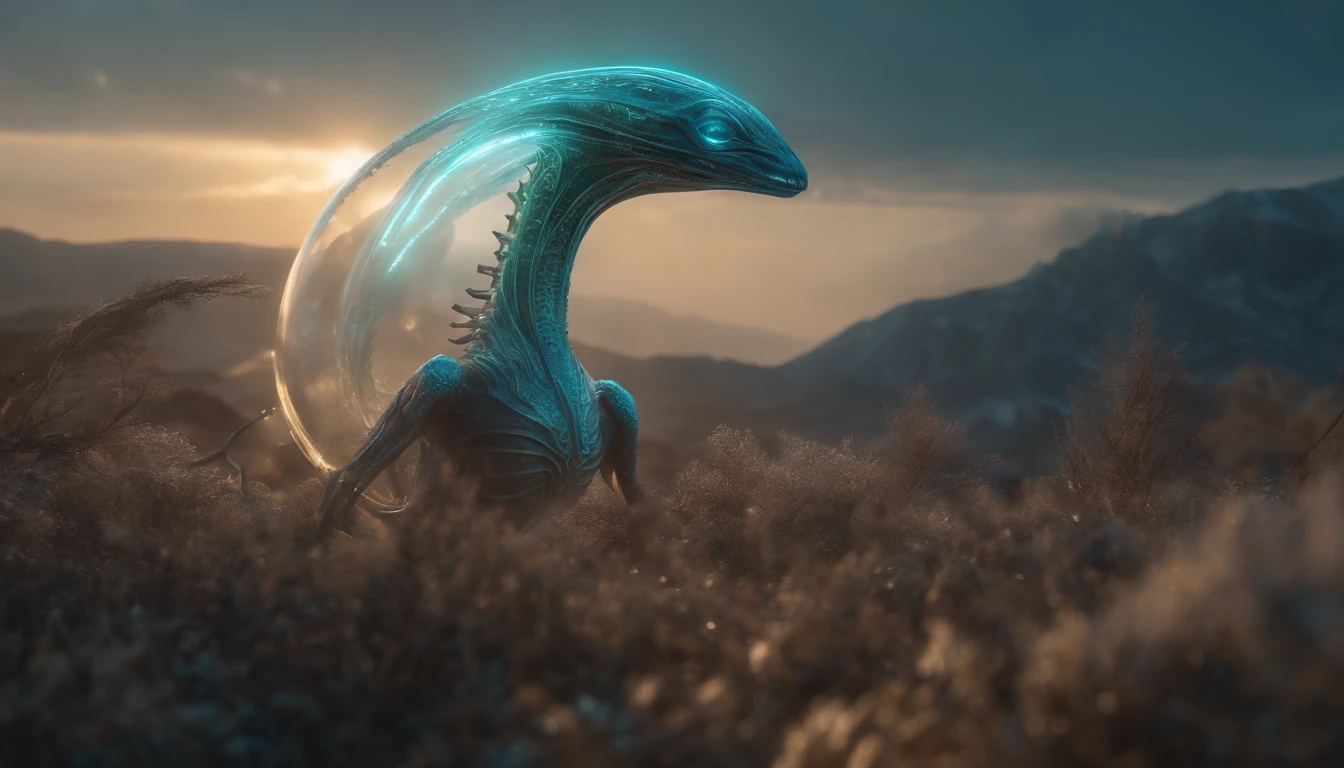 Transparent ethereal alien creatures,中景 the scene is,Full body like, highly detailed surreal vfx,oc rendered,Shot with 70 mm - AR 16:9 --q 2 --s 1000