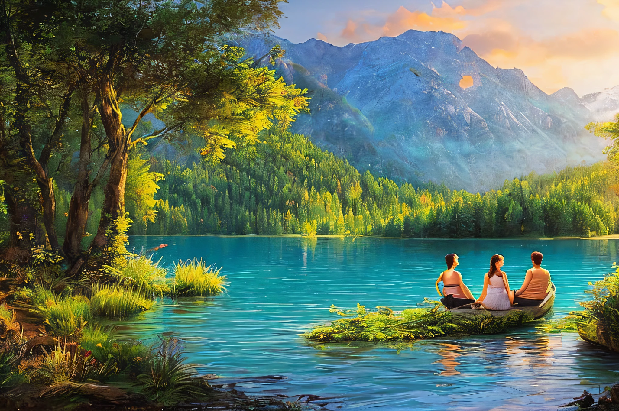 scene of a nature, 3 people, tranquil lake, sunlight, glow, scenery concept art, overgrowth. by Renoir , relaxing concept art, traditional classic concept art, a beautiful artwork illustration. high detail, background art, detailed concept art, environment design illustration, concept art highly detailed
