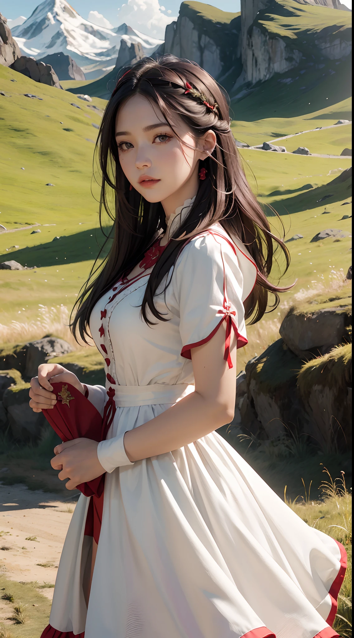best quality, unity 8k cinematic, high detail face, masterpiece, ultra realistic, 1girl, red warrior dress white edge, super beautiful hair, grass field background